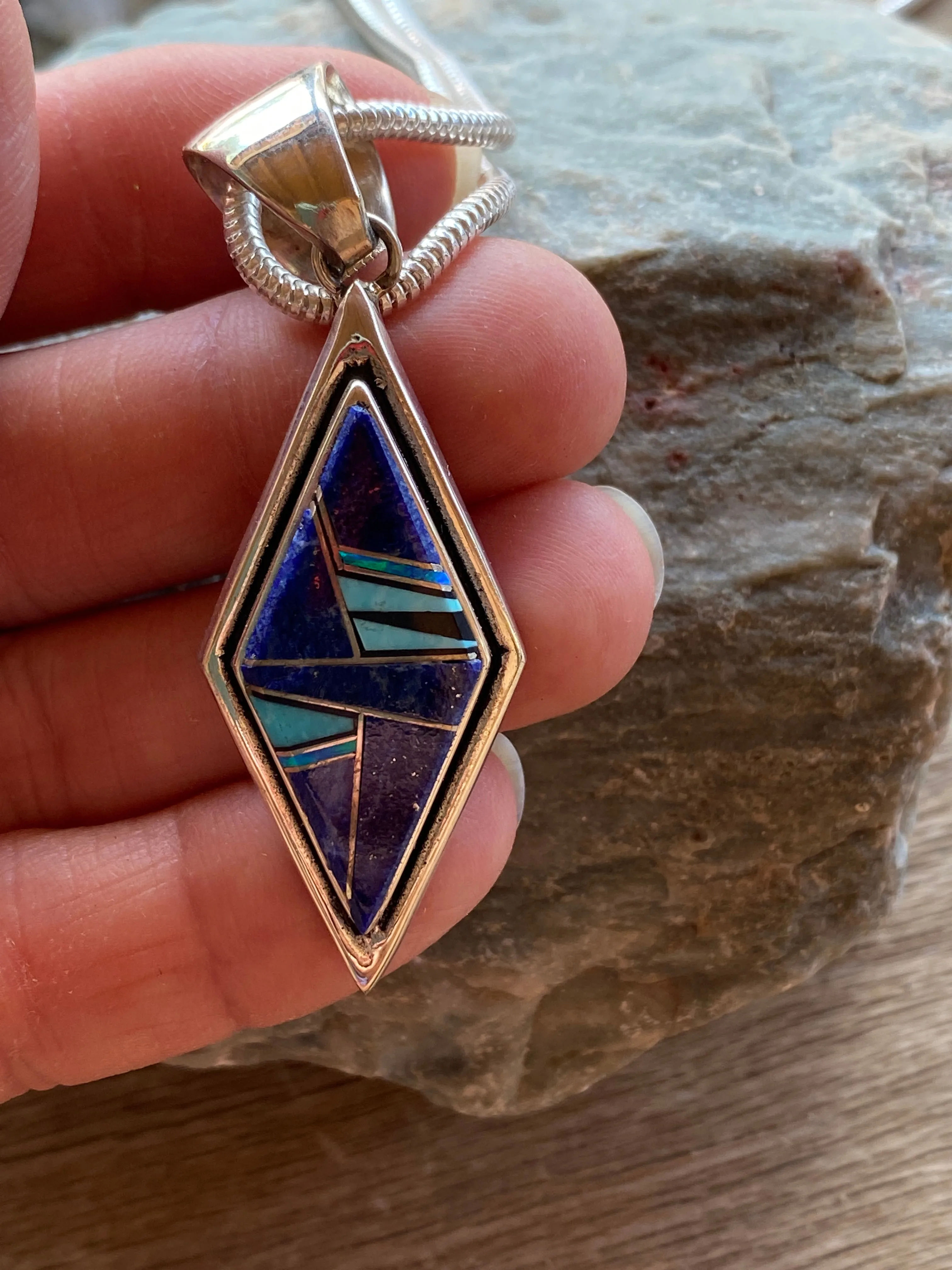 Navajo Lapis, Turquoise, Blue Opal Diamond Shape Pendant