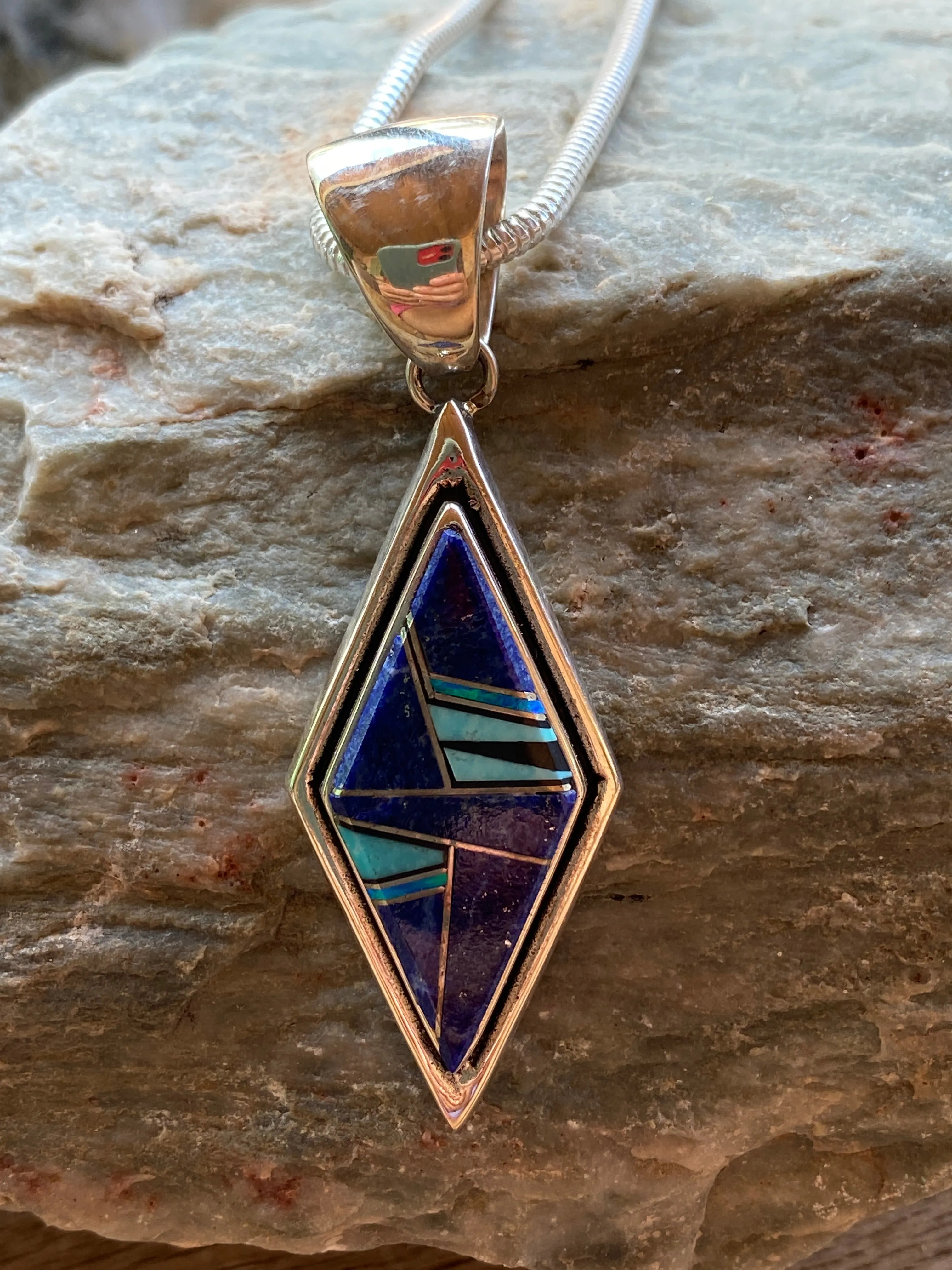 Navajo Lapis, Turquoise, Blue Opal Diamond Shape Pendant