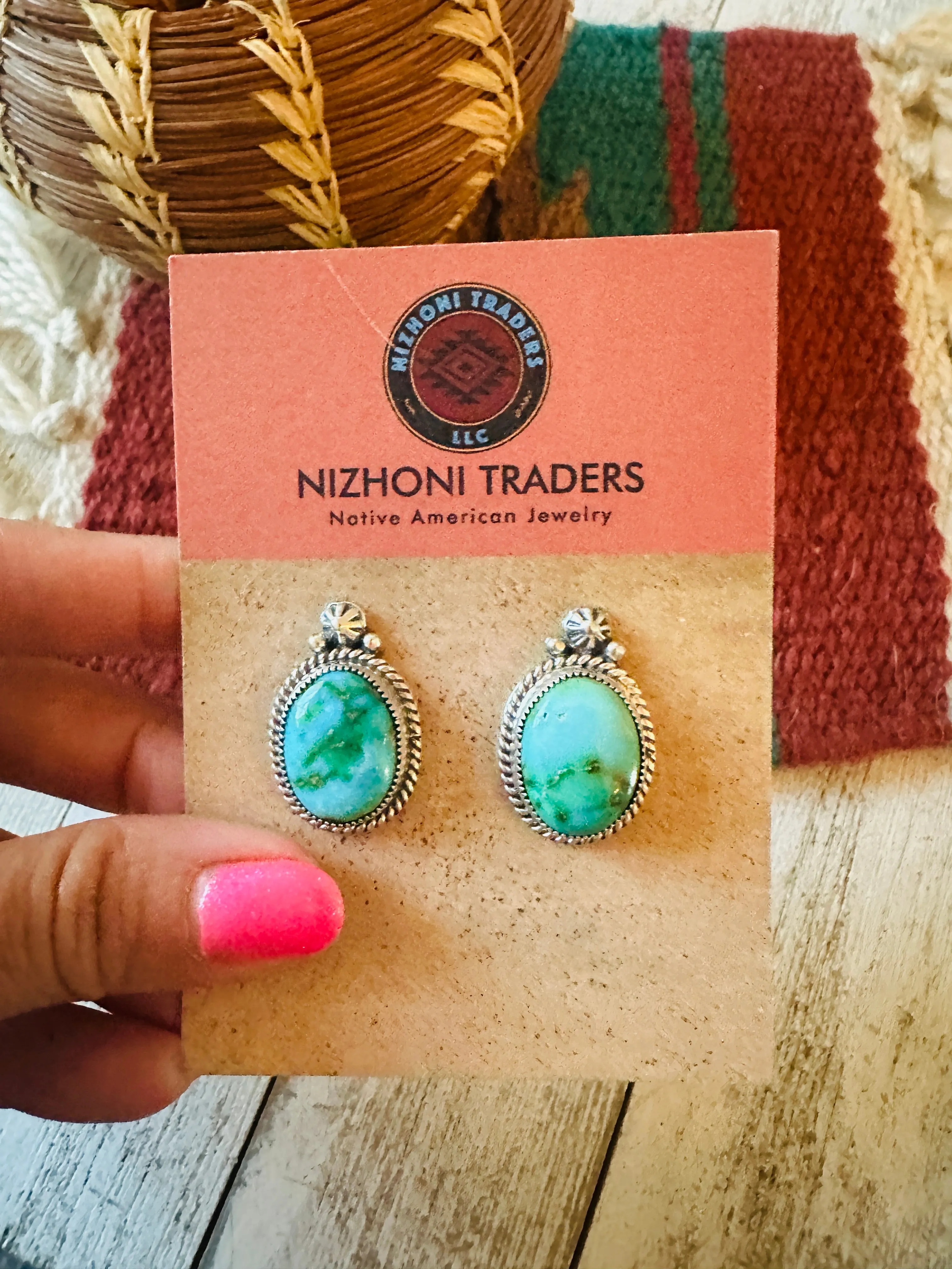 Navajo Sonoran Mountain Turquoise And Sterling Silver Post Earrings