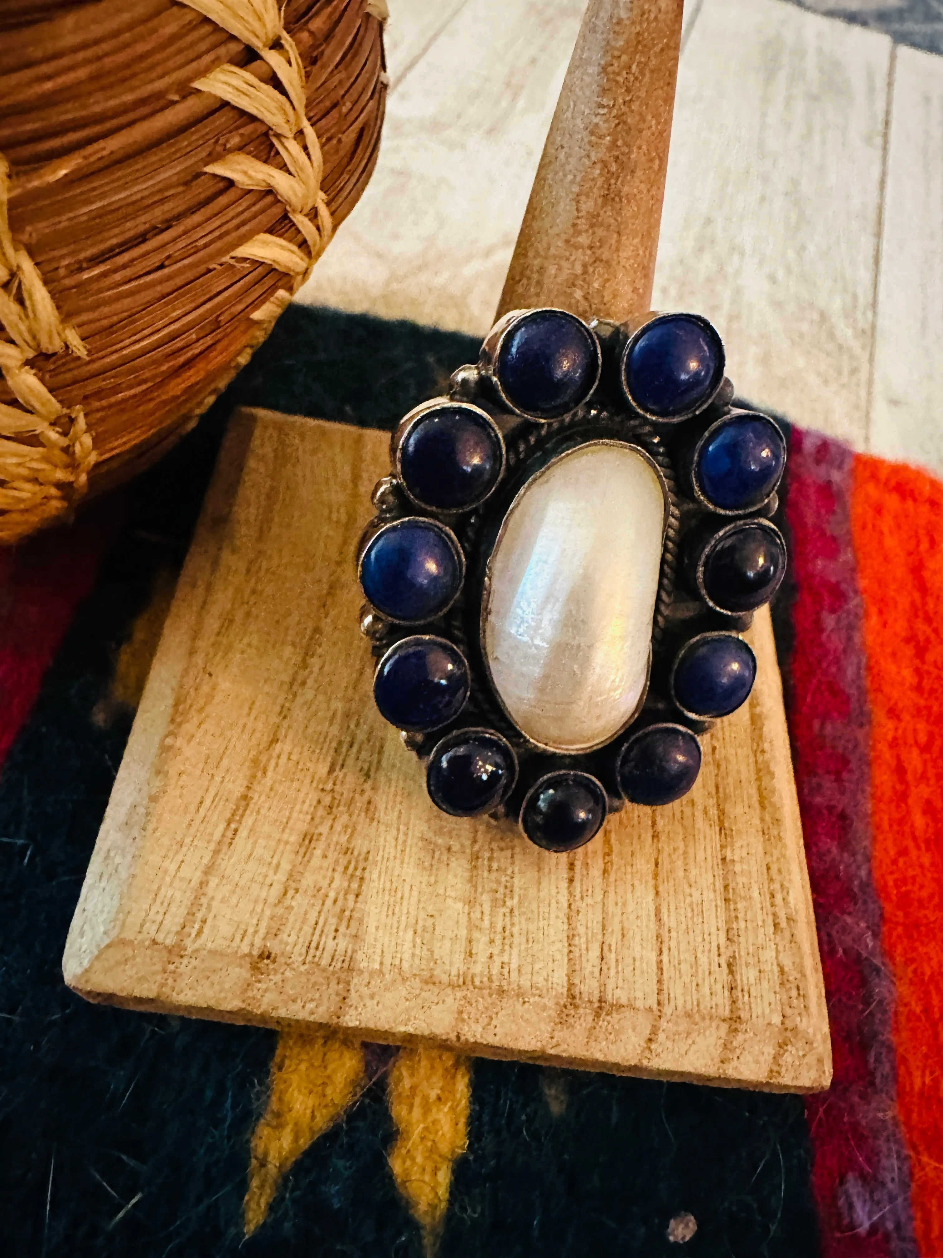 Navajo Sterling Silver, Lapis & Pearl Cluster Ring Size 8.5