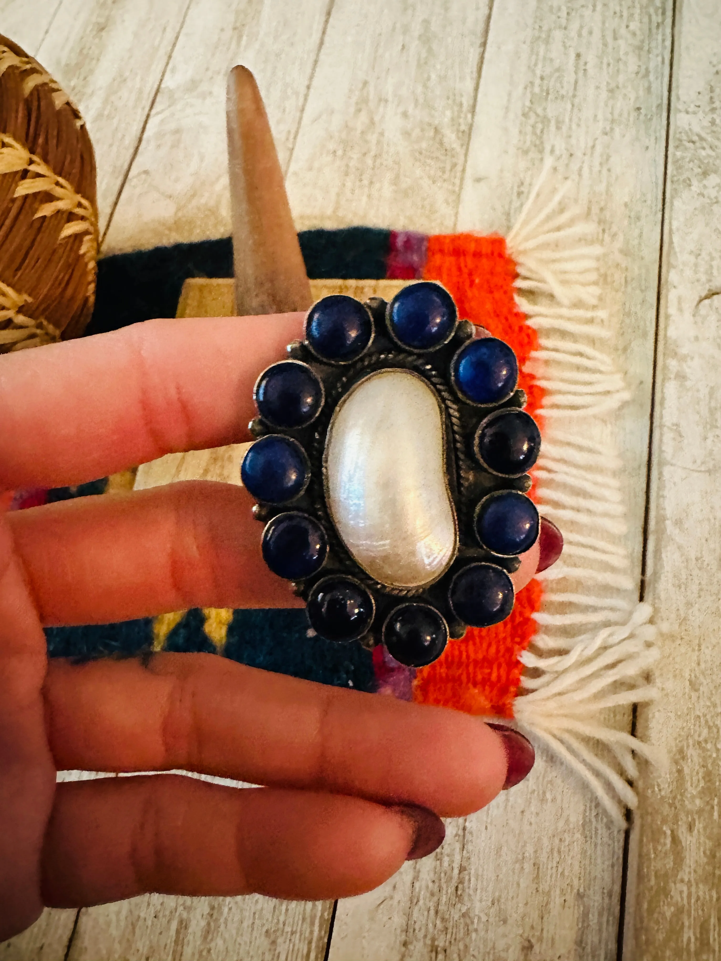 Navajo Sterling Silver, Lapis & Pearl Cluster Ring Size 8.5