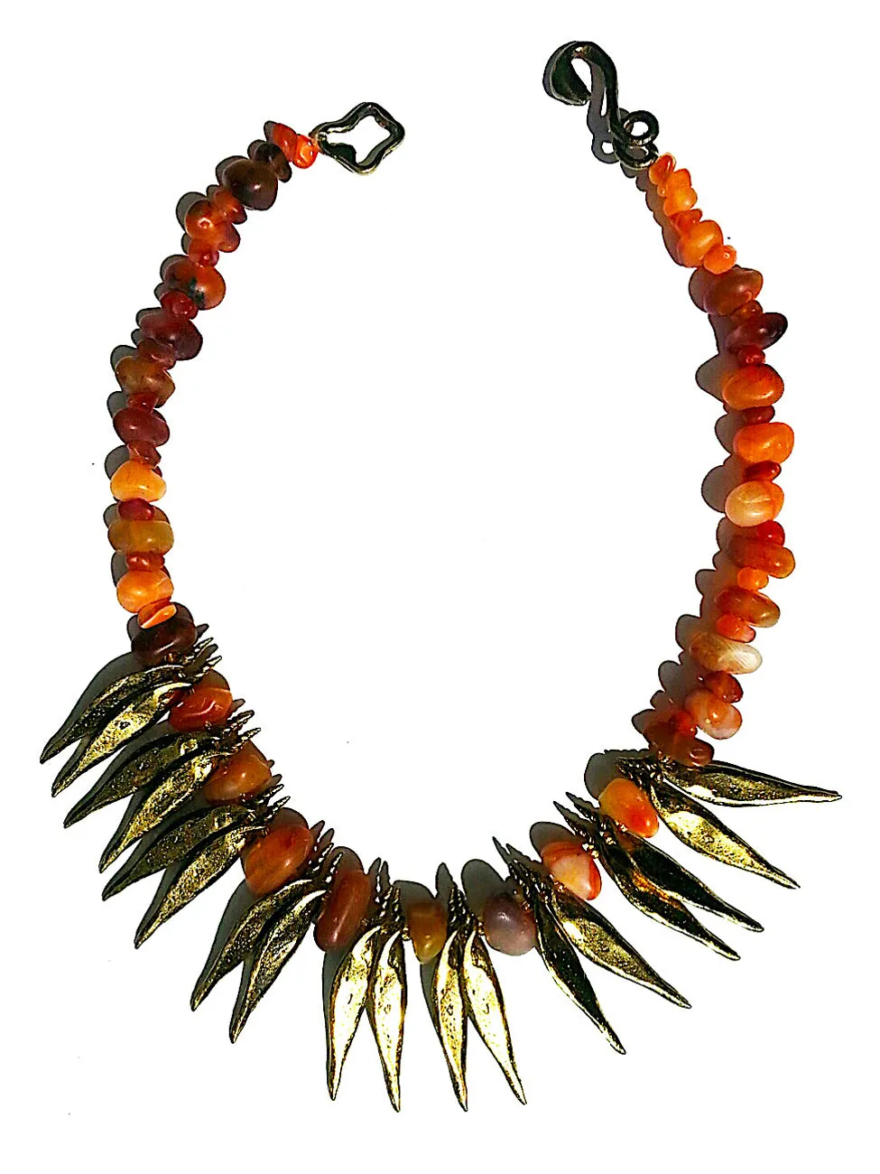 Necklace Carnelian Agate and Bronze Spikes