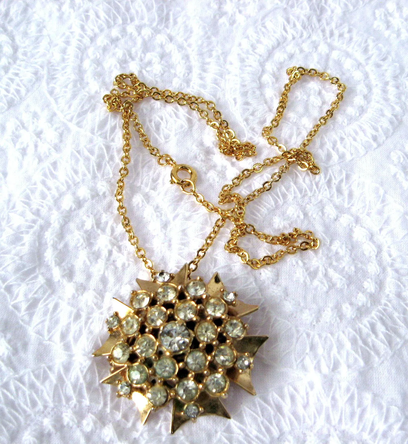 Necklace Rhinestone Starburst Convertible Pin Pendant Cluster 1950s With Chain