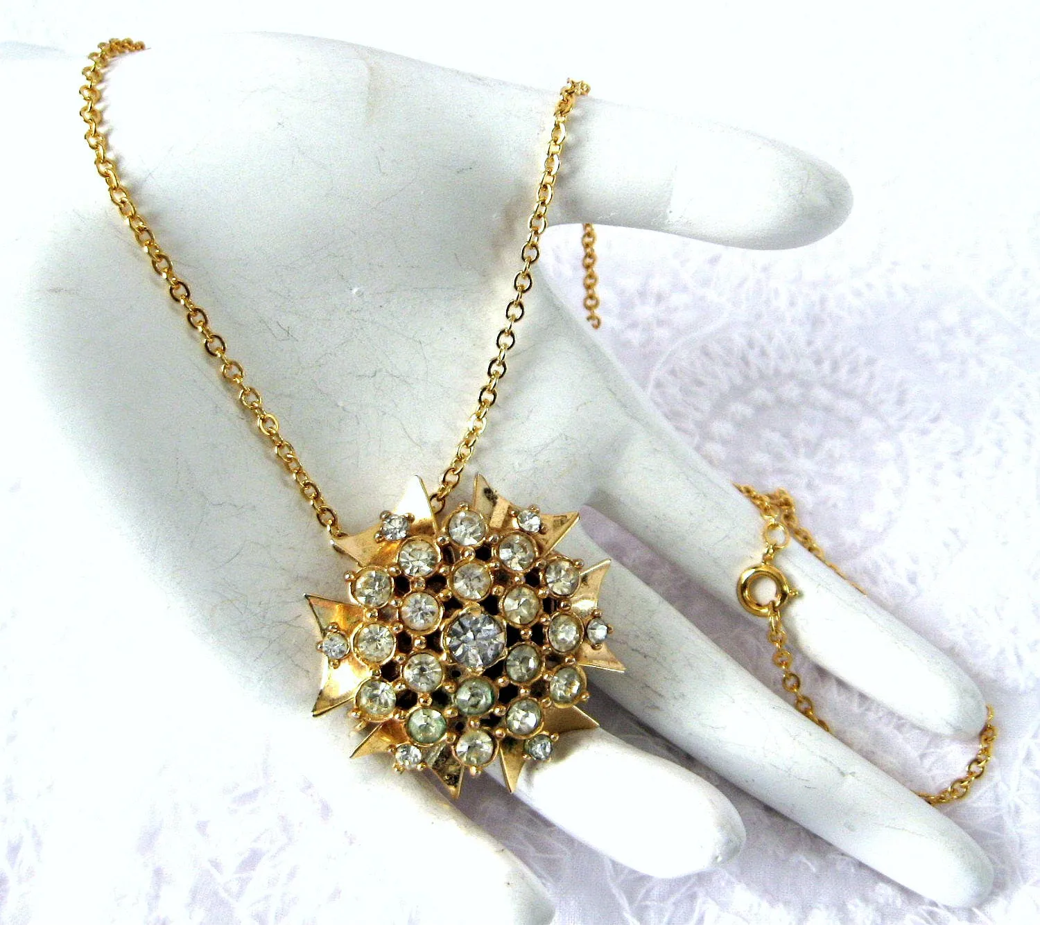 Necklace Rhinestone Starburst Convertible Pin Pendant Cluster 1950s With Chain