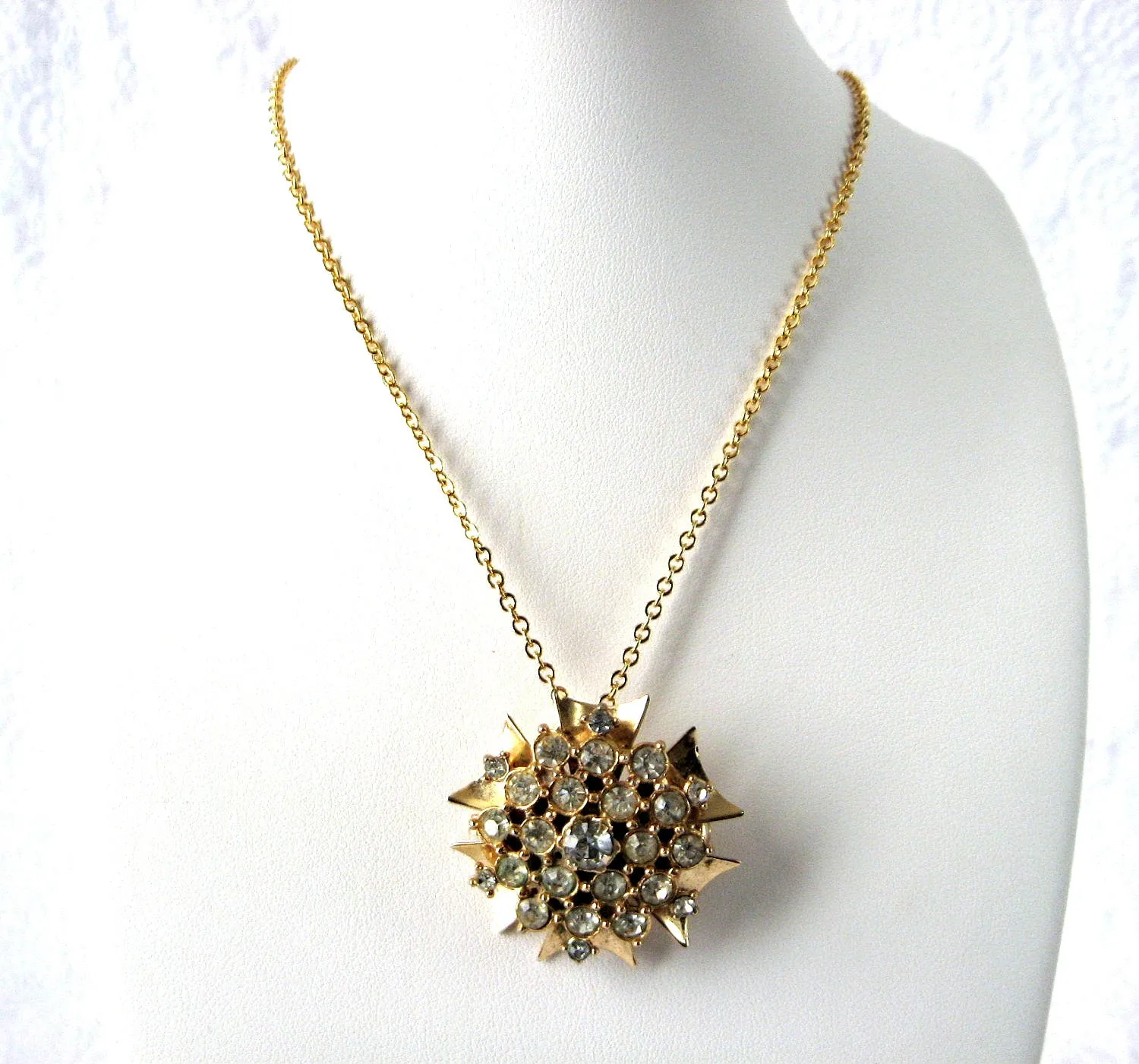 Necklace Rhinestone Starburst Convertible Pin Pendant Cluster 1950s With Chain