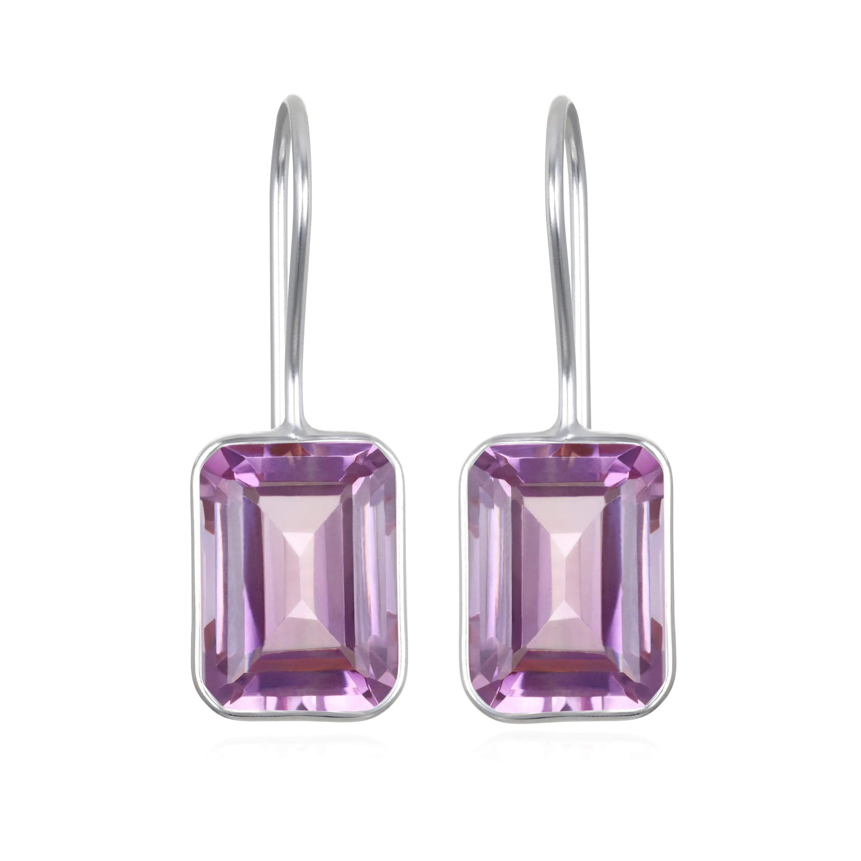 New! Bezeled Emerald Cut Dangles-Pink Amethyst Silver