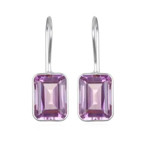 New! Bezeled Emerald Cut Dangles-Pink Amethyst Silver