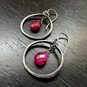 NEW RUBY Faceted TEARDROP Tiny SILVER Hoops