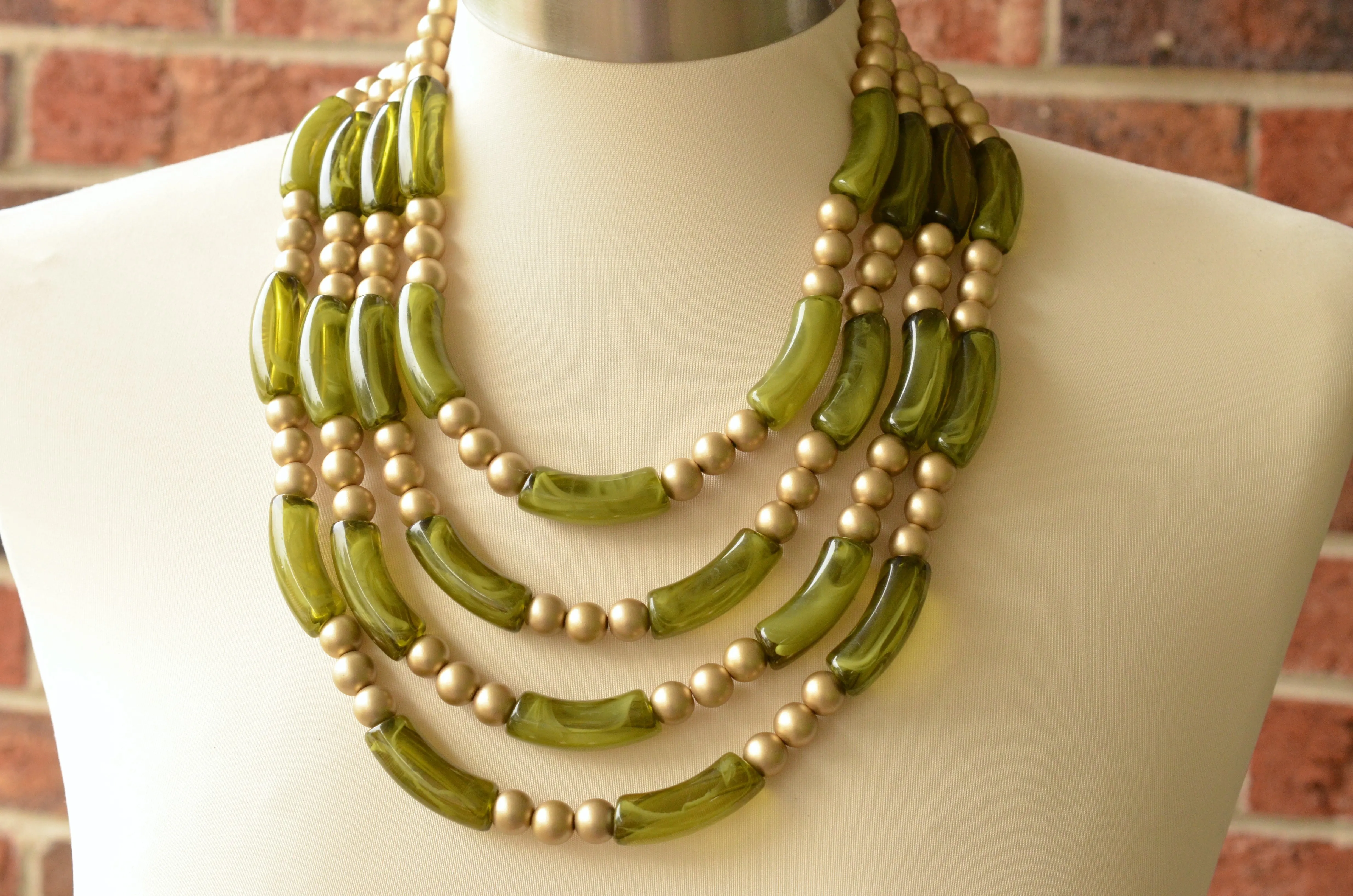 Olive Green Gold Acrylic Bead Multi Strand Statement Necklace - Tanya