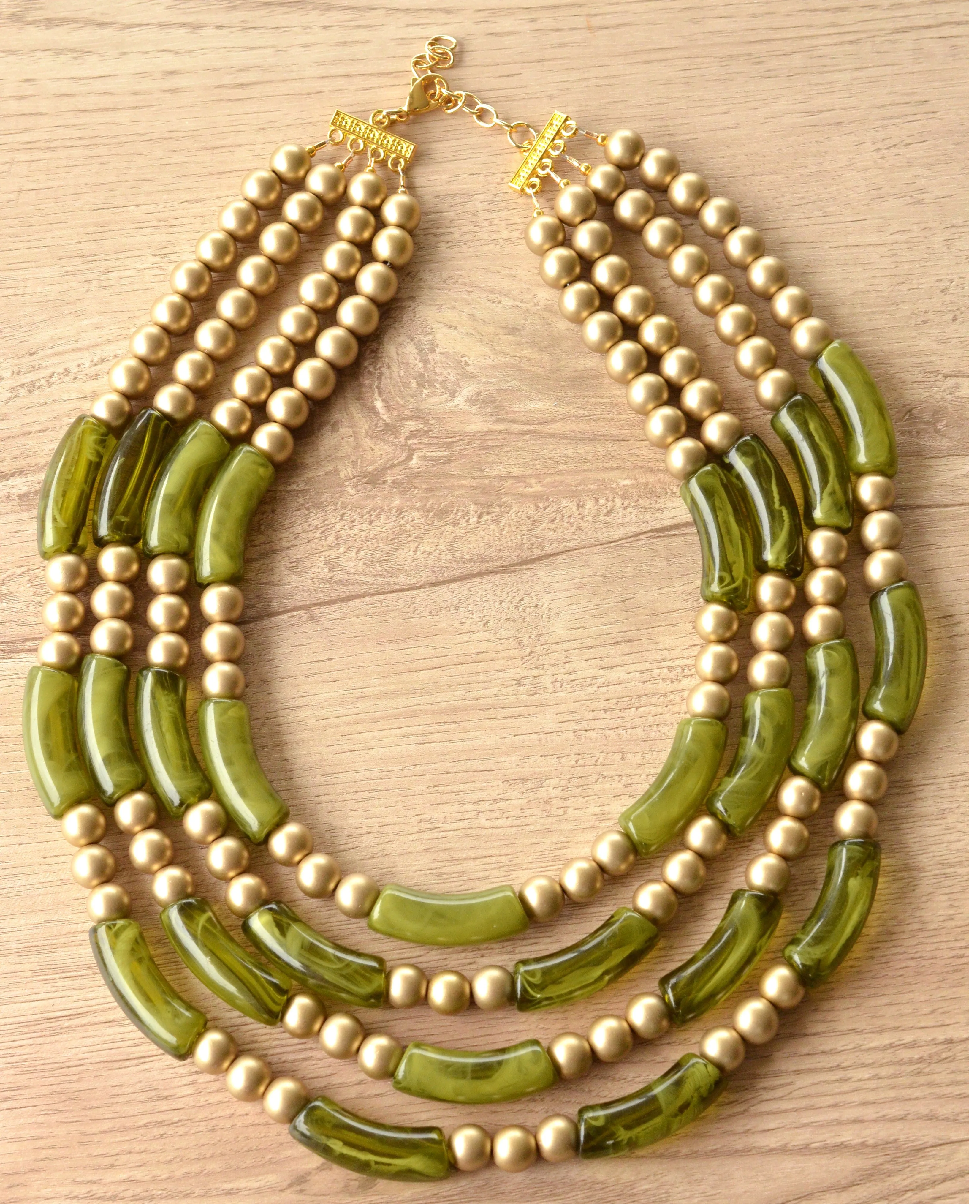 Olive Green Gold Acrylic Bead Multi Strand Statement Necklace - Tanya