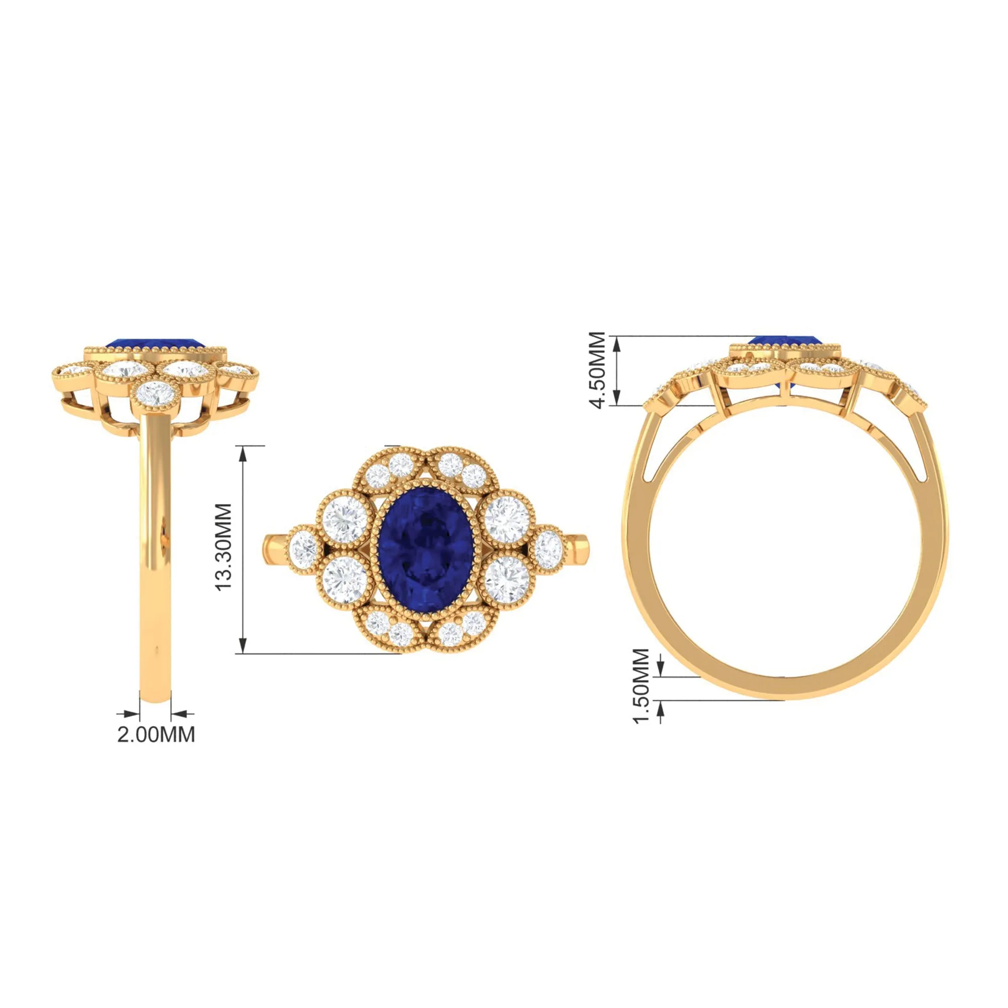 Oval Created Blue Sapphire Statement Engagement Ring with Diamond Halo