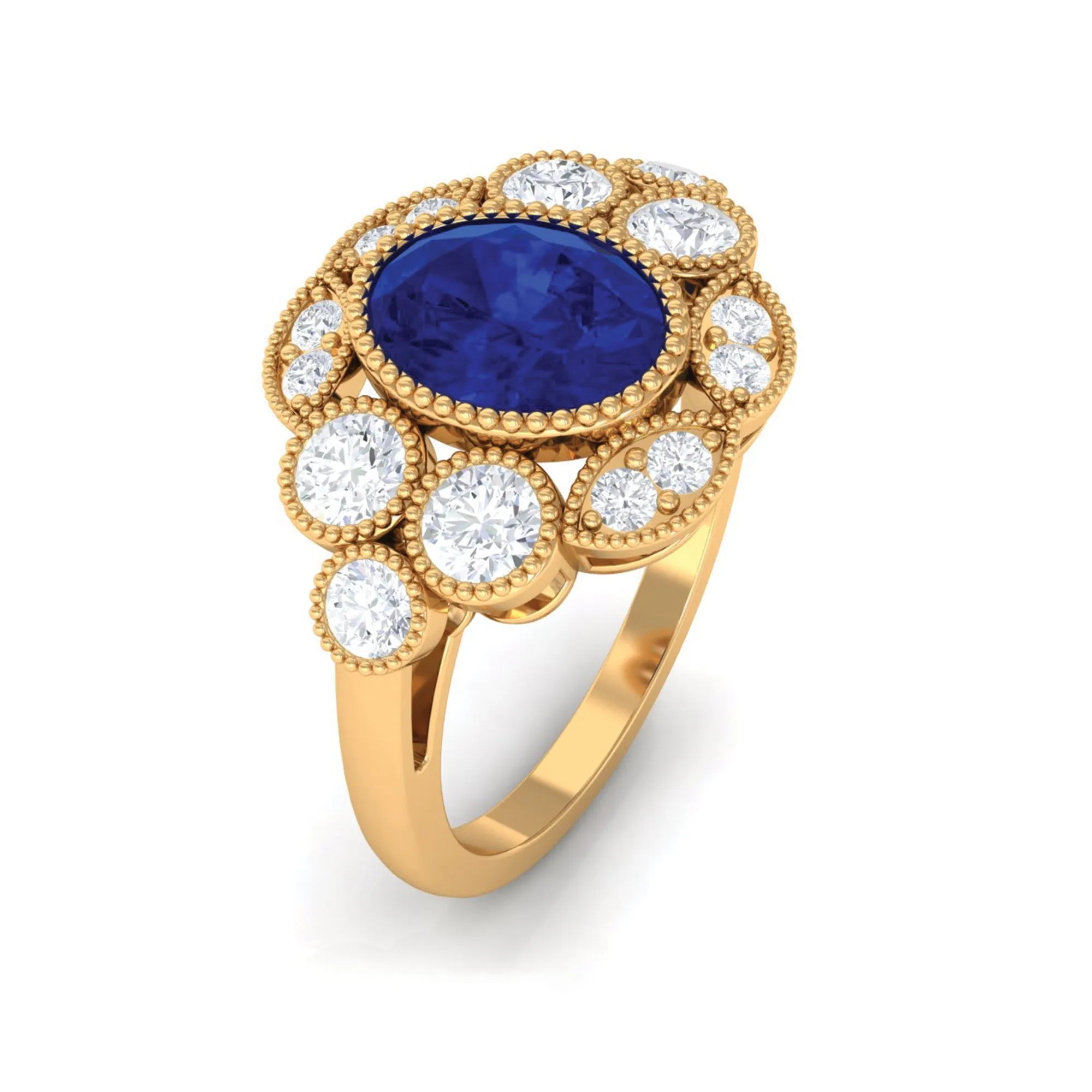 Oval Created Blue Sapphire Statement Engagement Ring with Diamond Halo