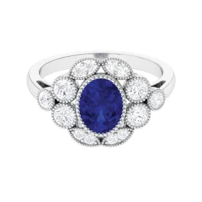 Oval Created Blue Sapphire Statement Engagement Ring with Diamond Halo