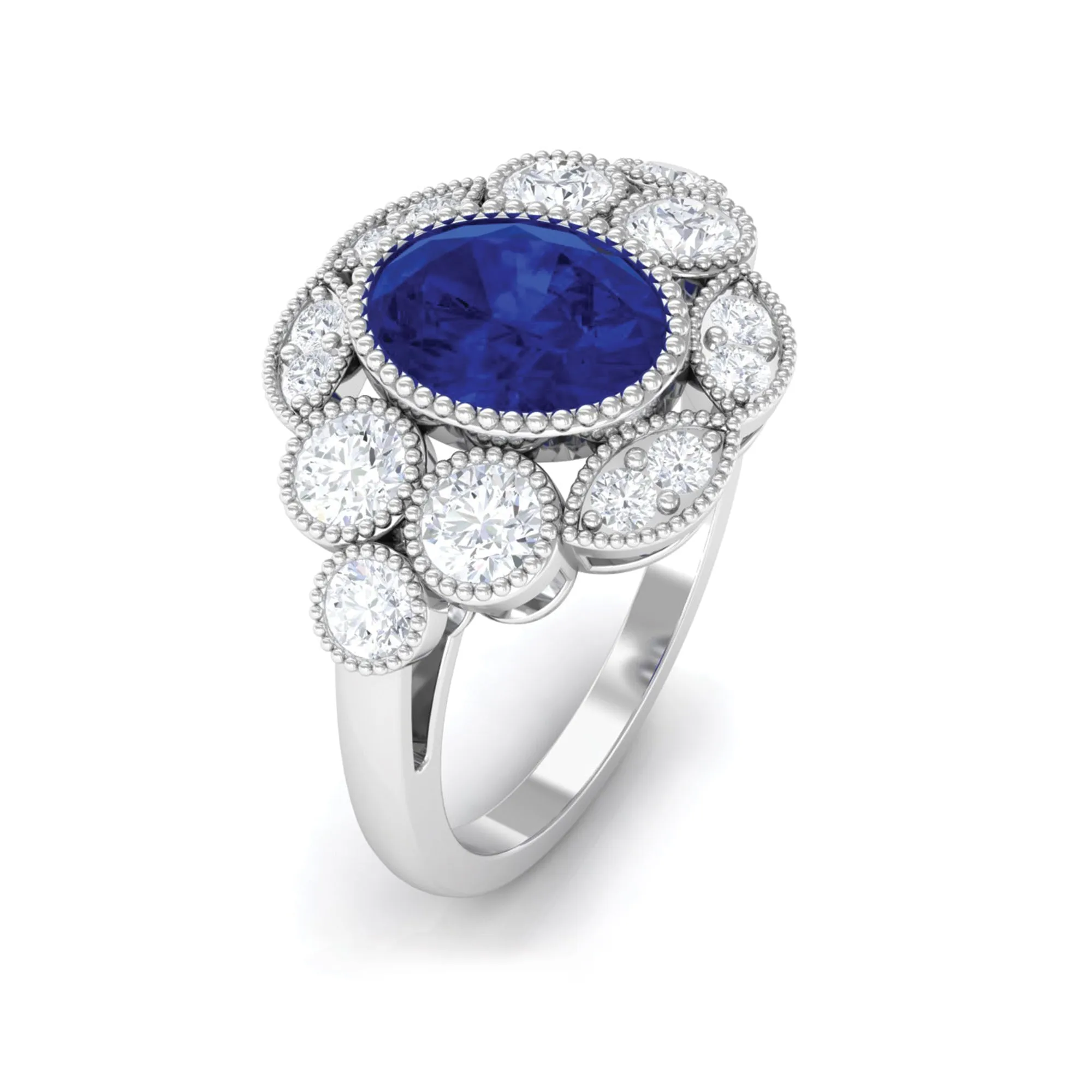 Oval Created Blue Sapphire Statement Engagement Ring with Diamond Halo