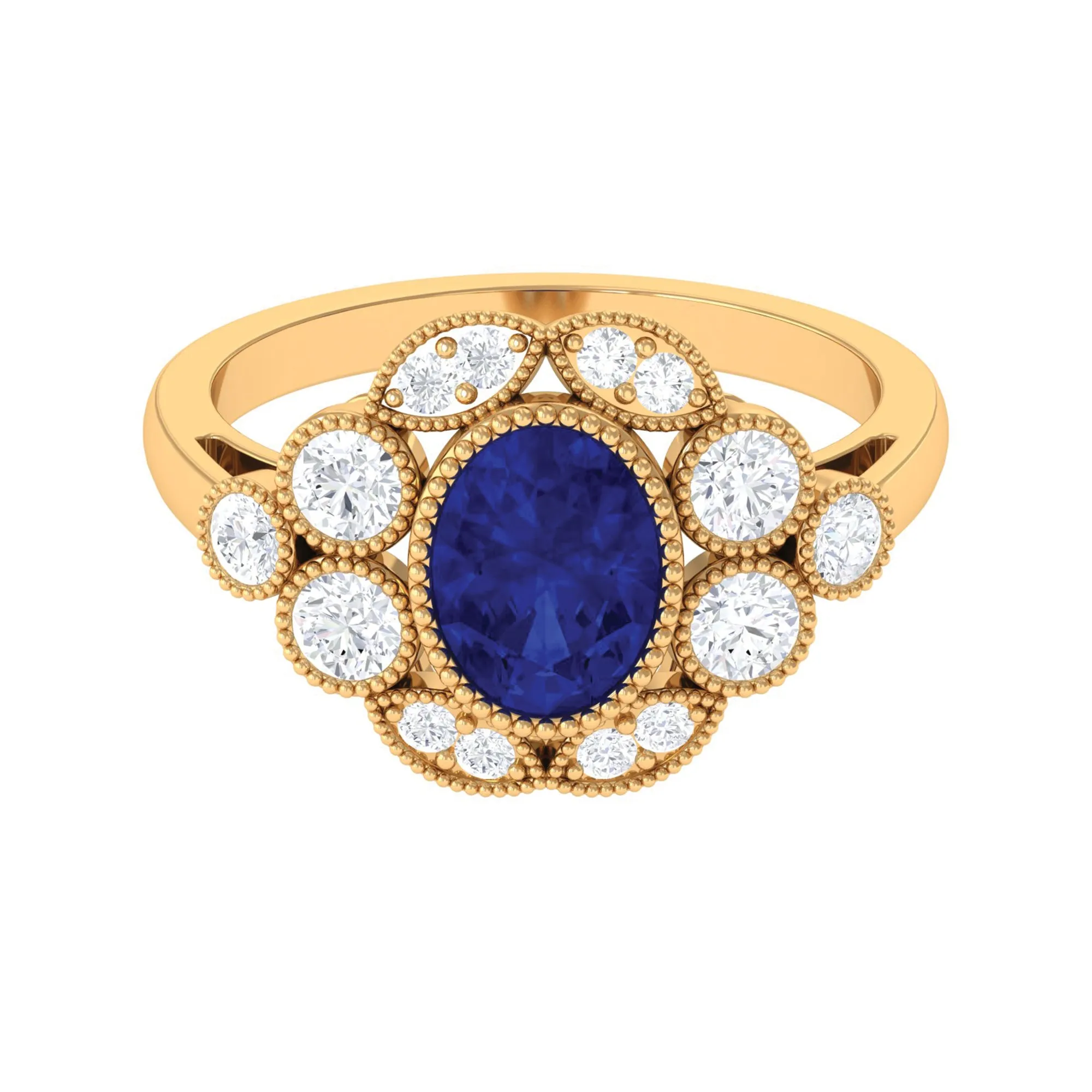 Oval Created Blue Sapphire Statement Engagement Ring with Diamond Halo