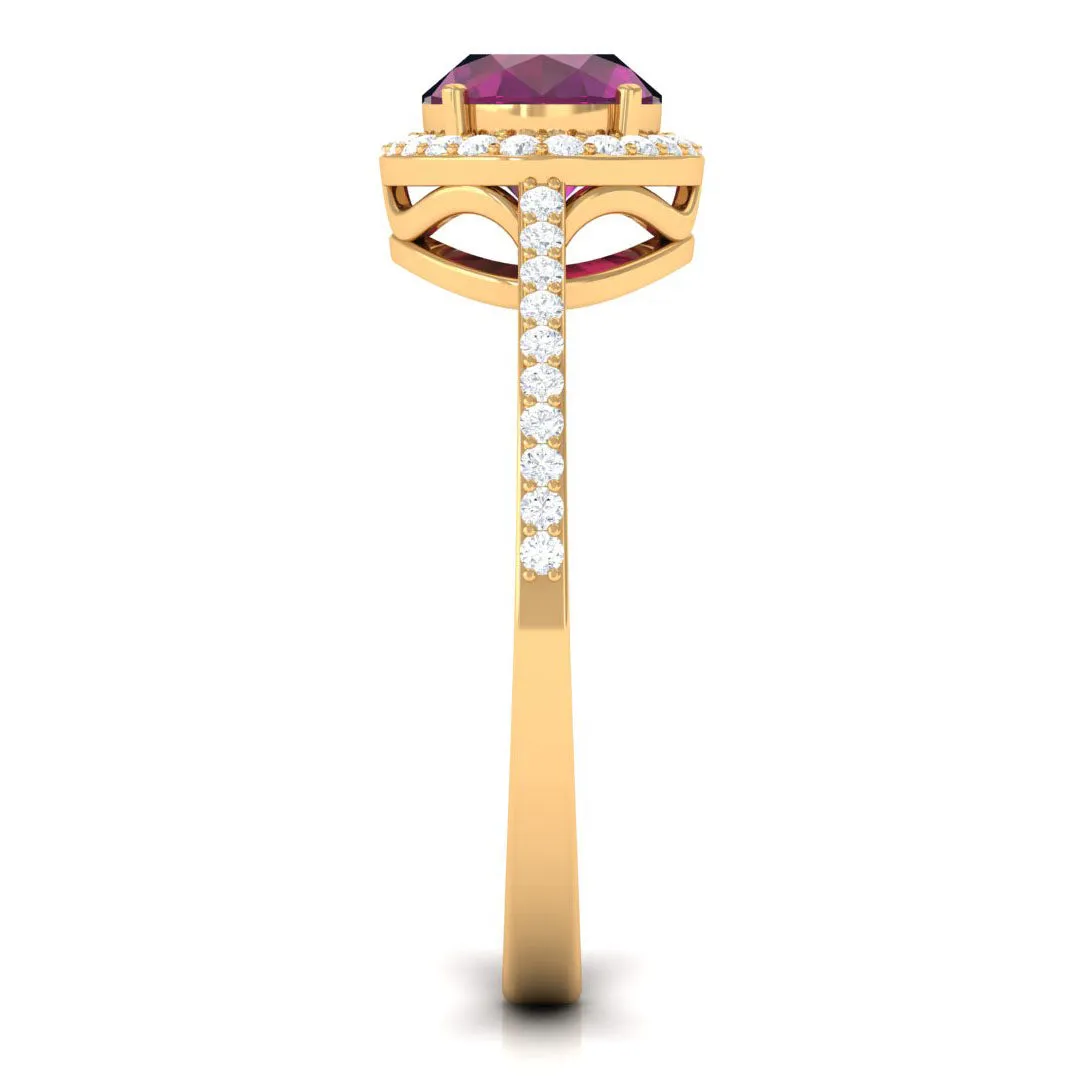 Oval Cut Natural Rhodolite East West Ring with Diamond Halo