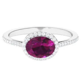 Oval Cut Natural Rhodolite East West Ring with Diamond Halo