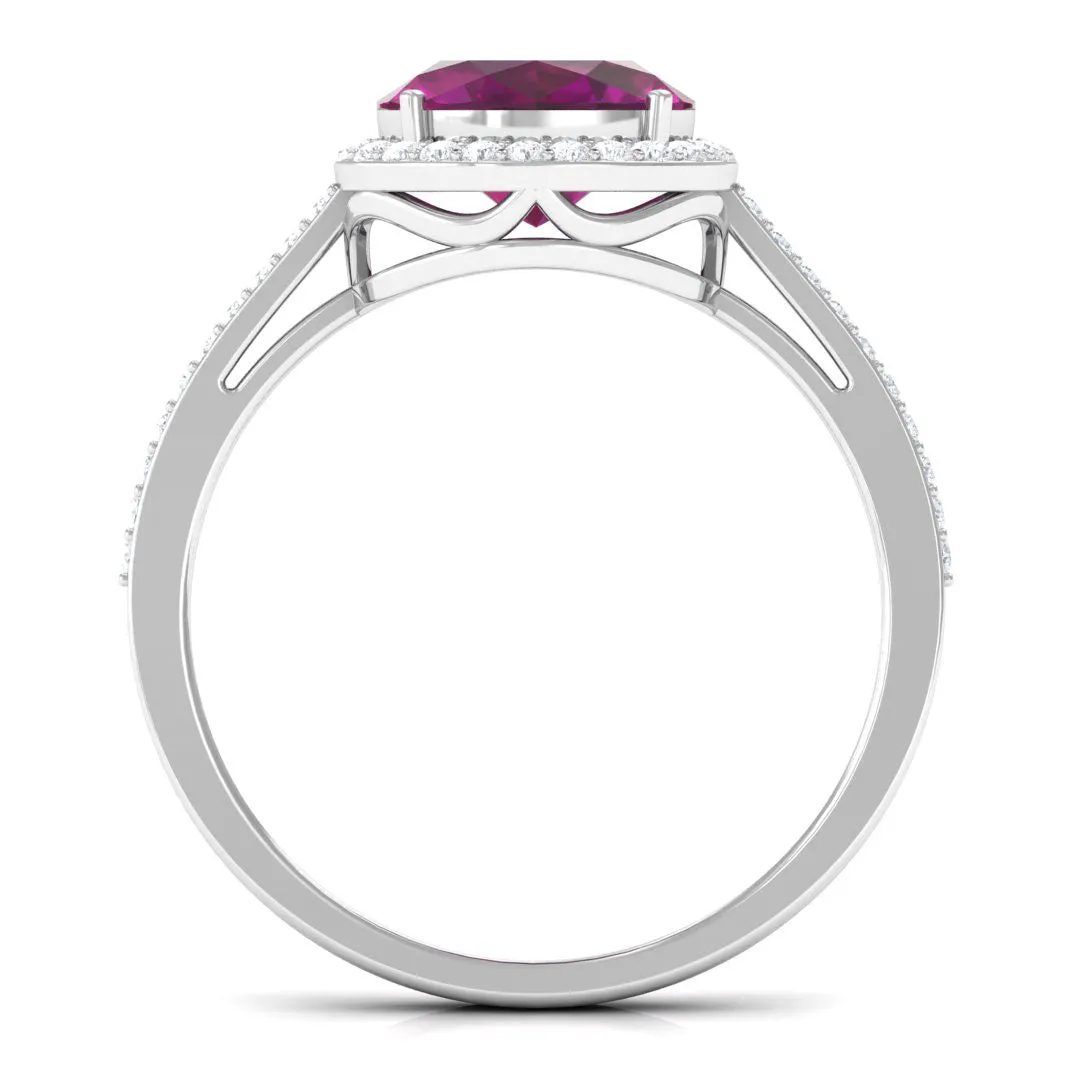 Oval Cut Natural Rhodolite East West Ring with Diamond Halo