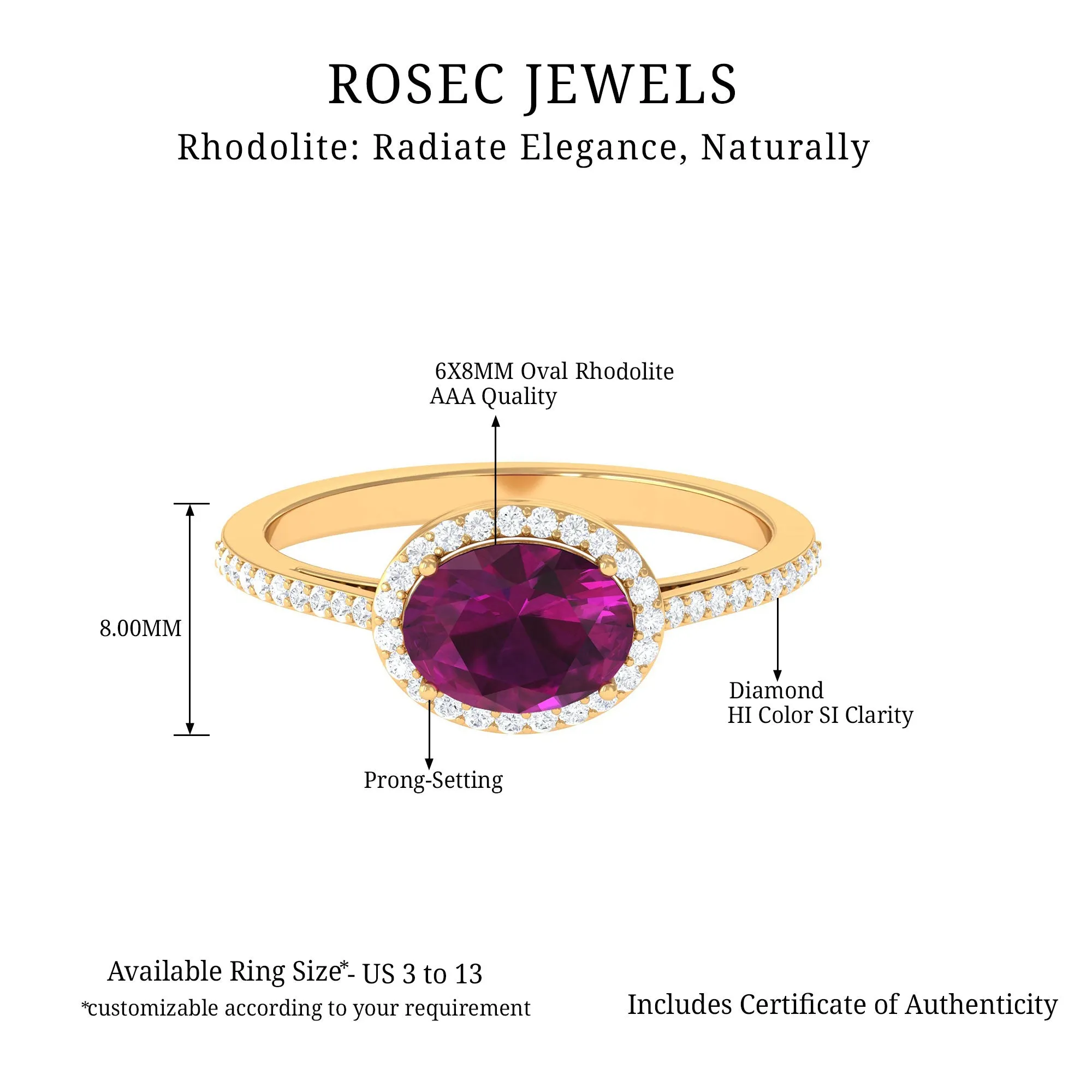 Oval Cut Natural Rhodolite East West Ring with Diamond Halo