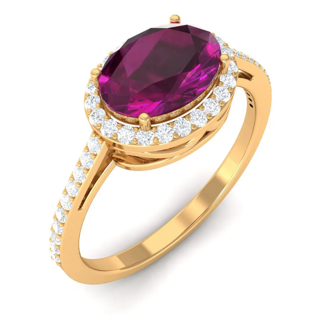 Oval Cut Natural Rhodolite East West Ring with Diamond Halo