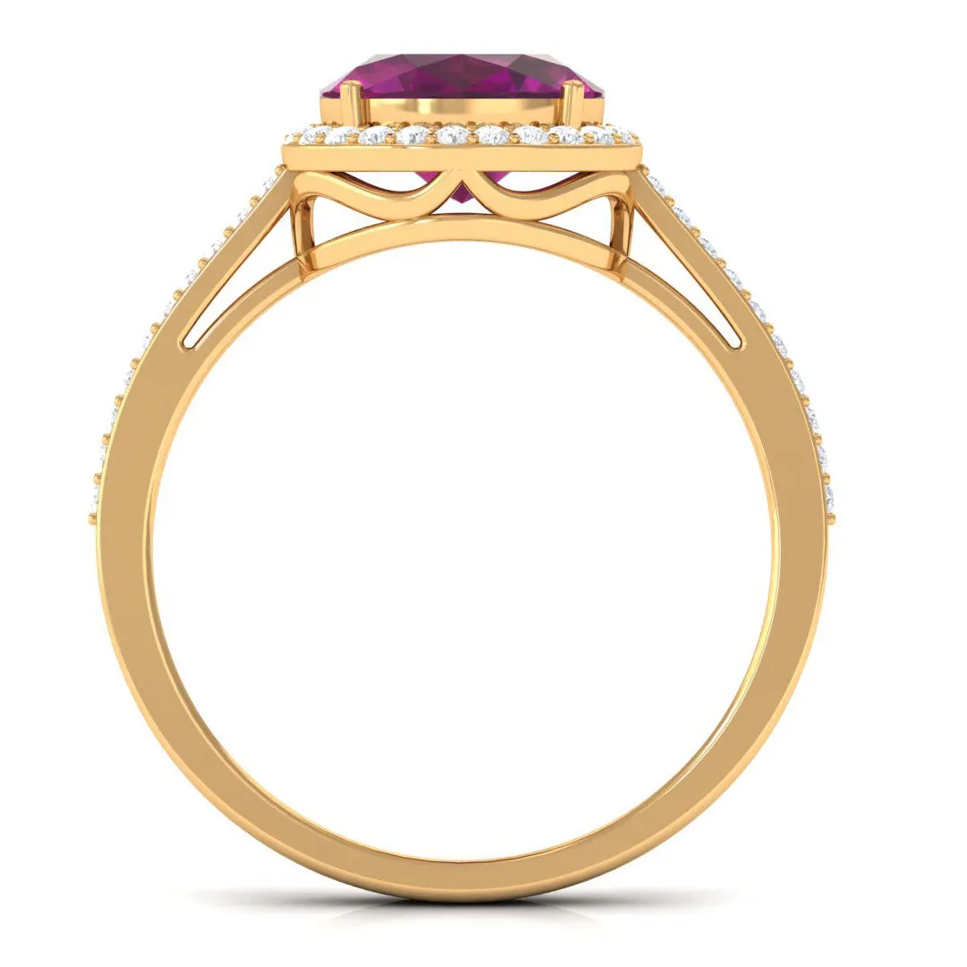 Oval Cut Natural Rhodolite East West Ring with Diamond Halo