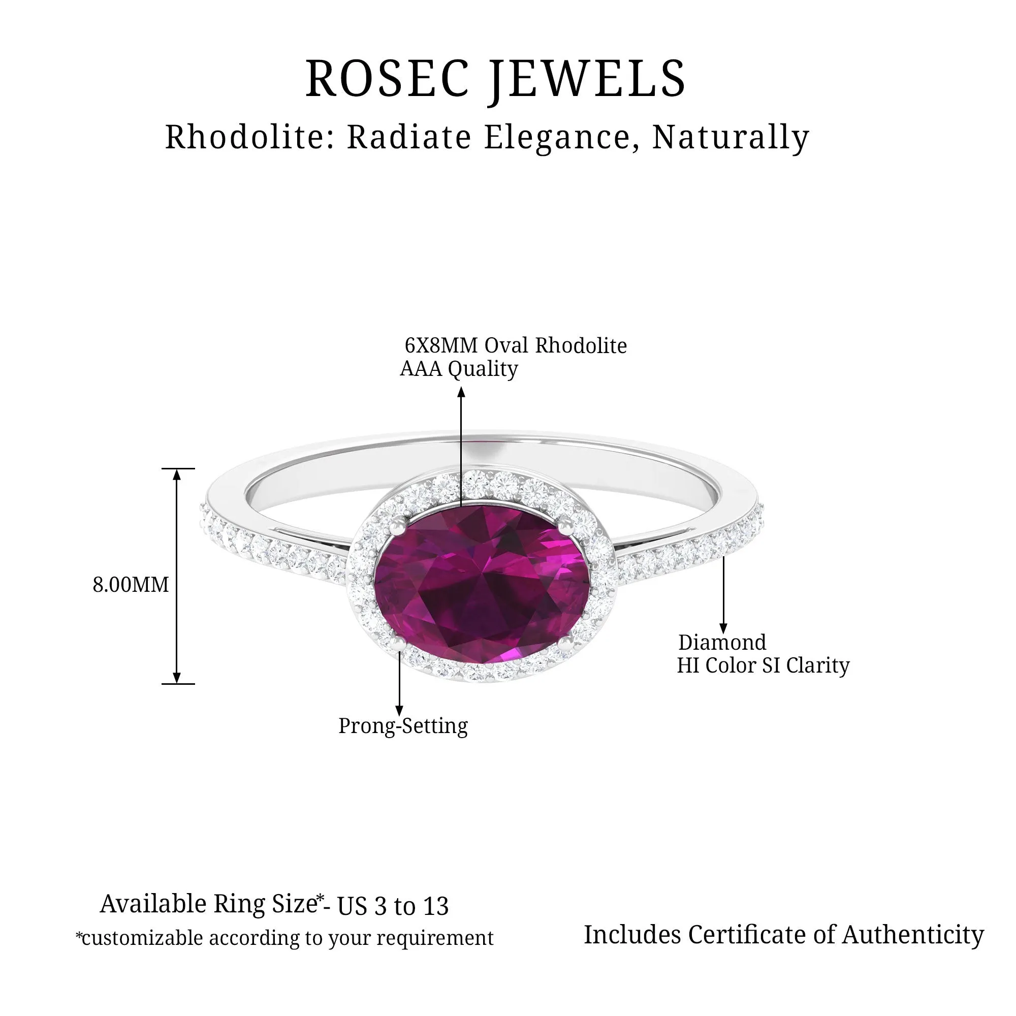 Oval Cut Natural Rhodolite East West Ring with Diamond Halo