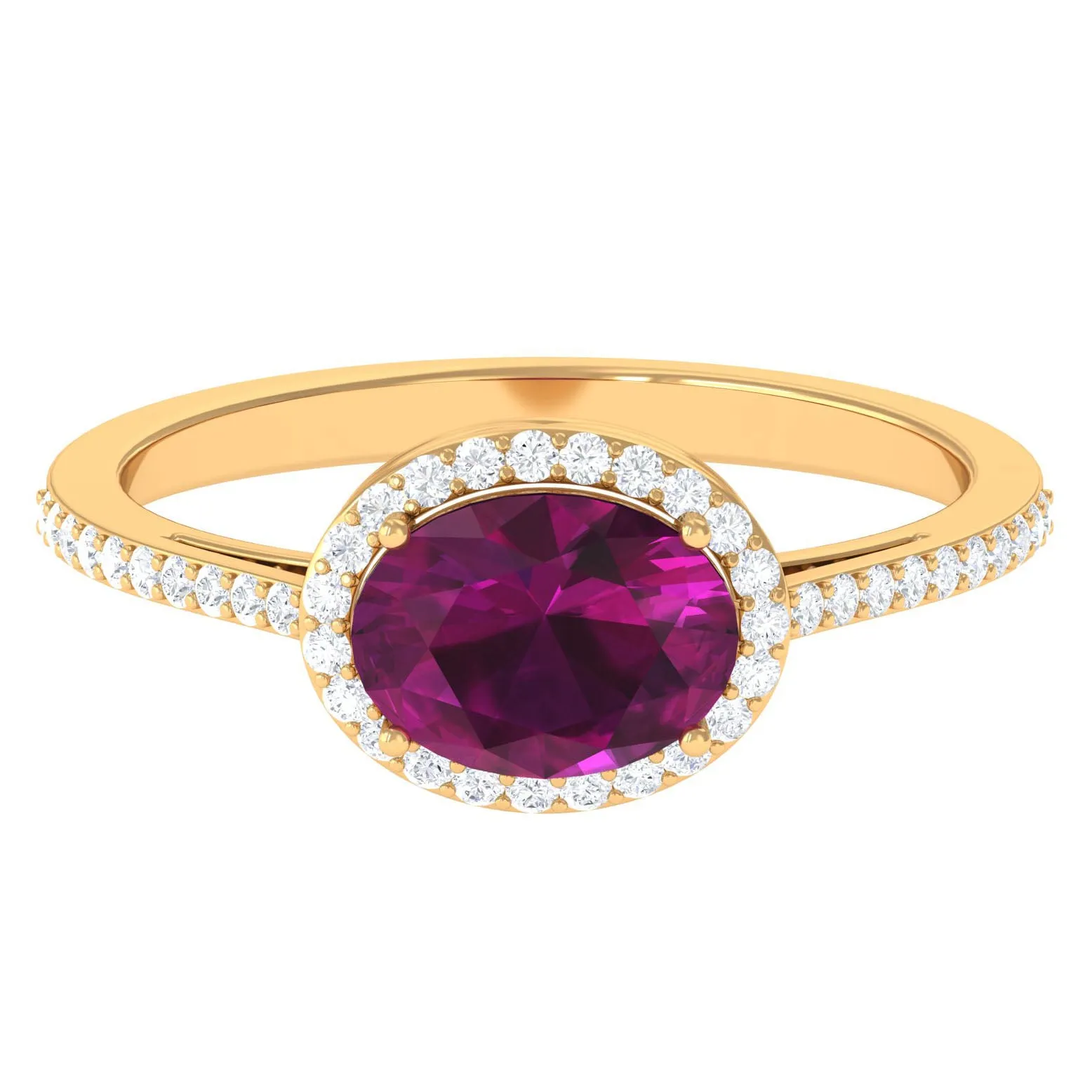 Oval Cut Natural Rhodolite East West Ring with Diamond Halo