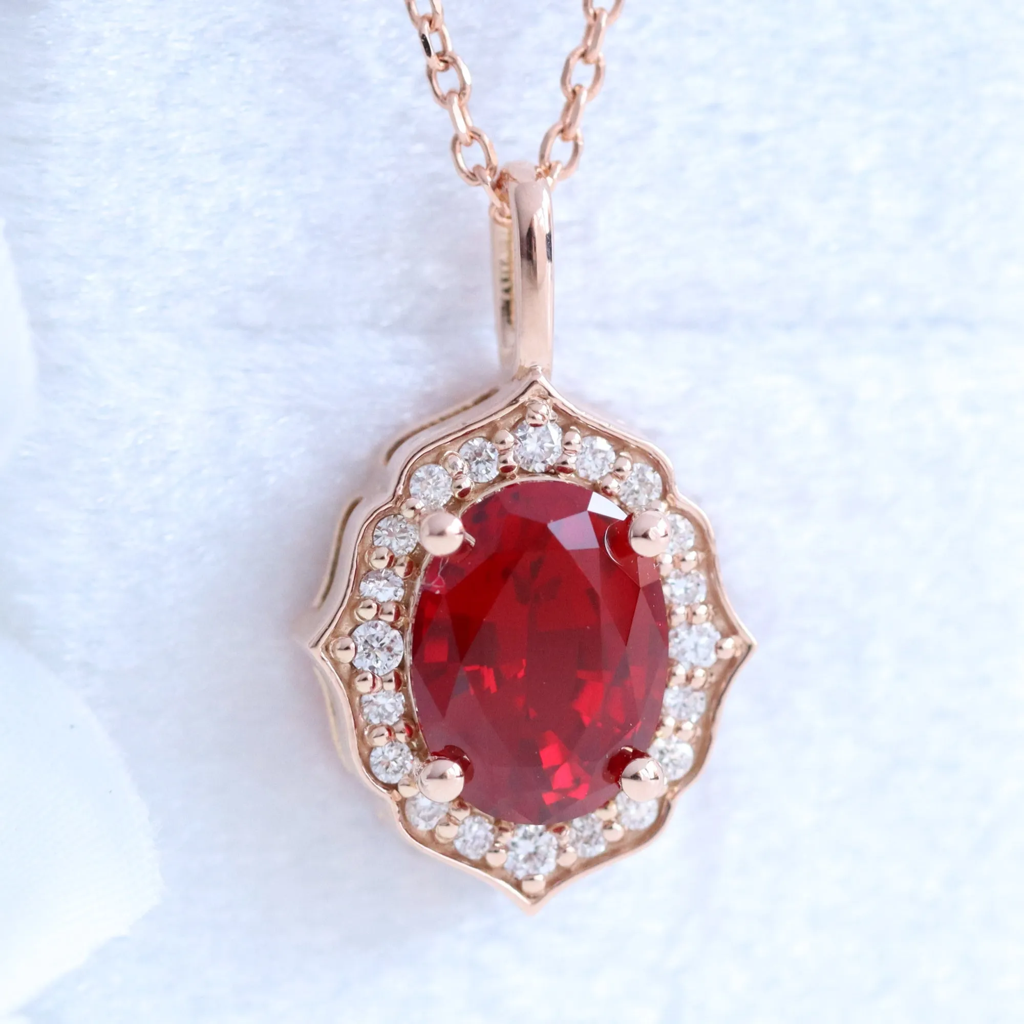 Oval Ruby Diamond Necklace in 14k Gold Vintage Floral Halo Pendant