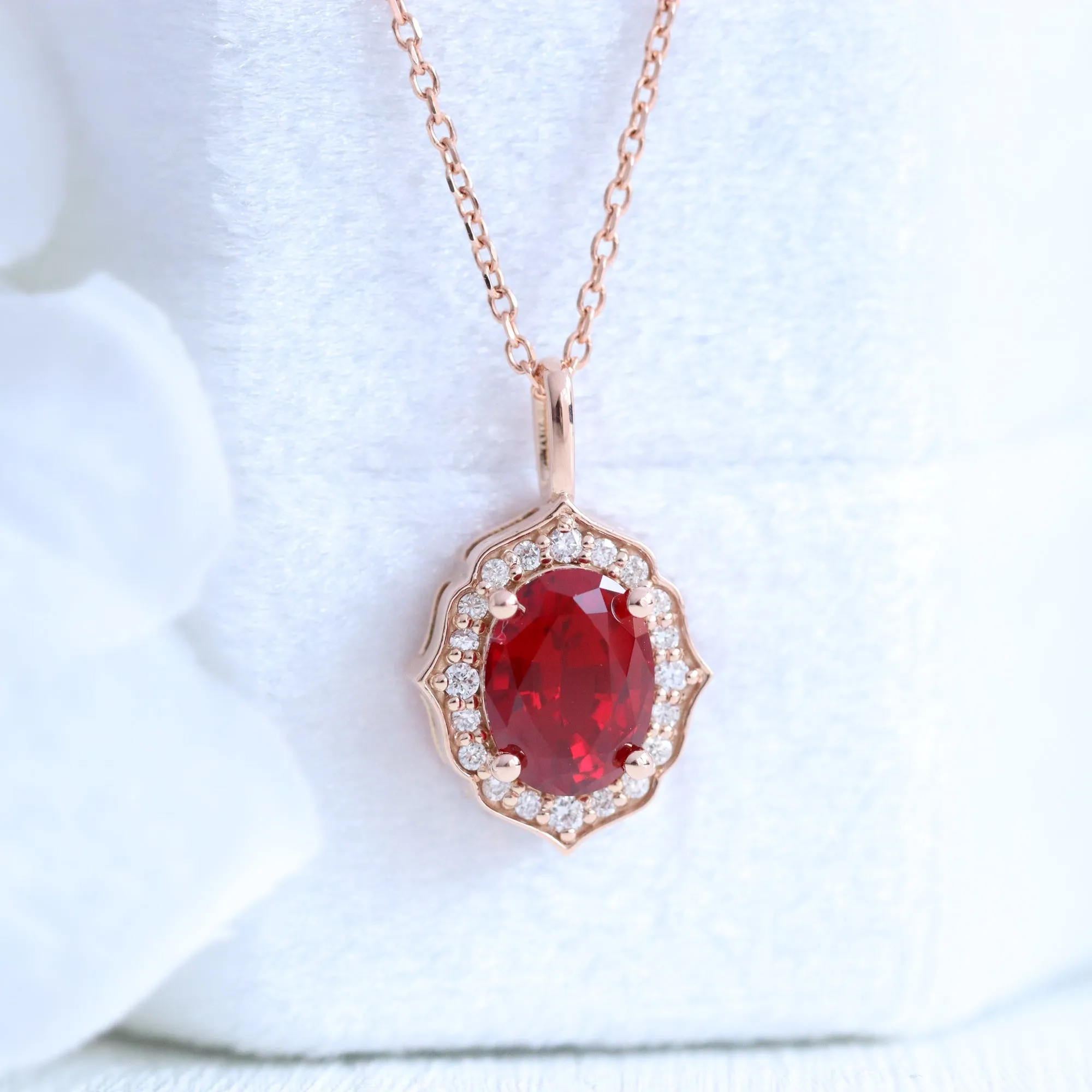 Oval Ruby Diamond Necklace in 14k Gold Vintage Floral Halo Pendant