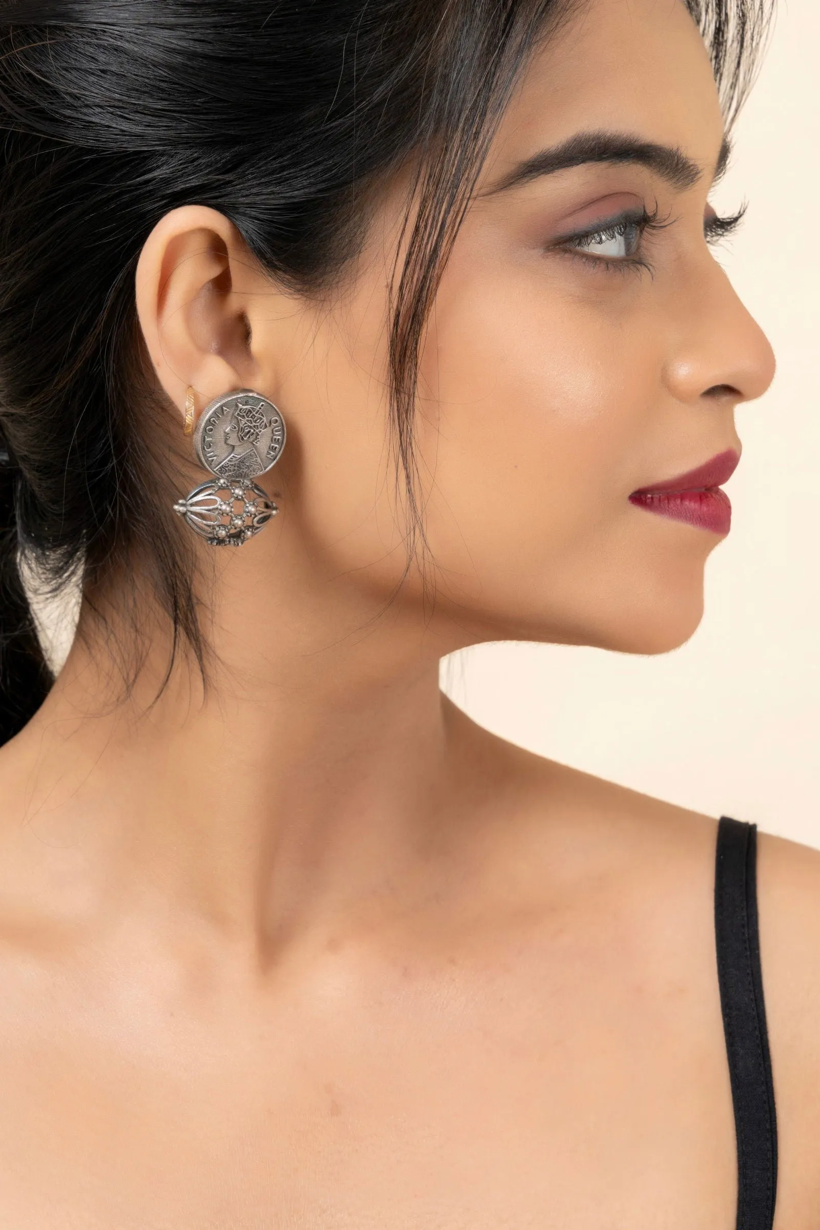 Oxidized Silver Replica Queen Victoria Stud Earrings with Intricate Detail for Daily Wear