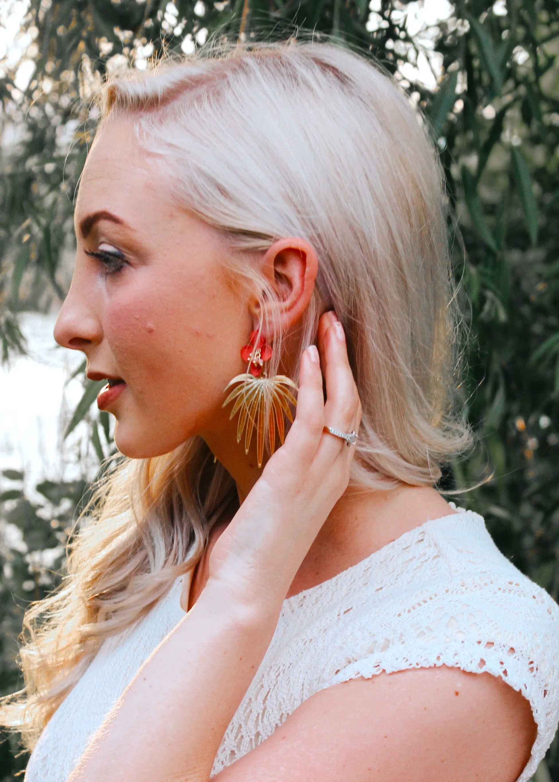 Palm Gold Plated Leaf with Coral Flower Acrylic Stud Earrings