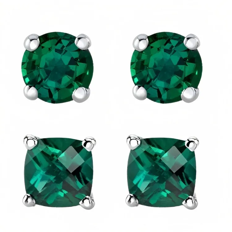 Paris Jewelry 18k White Gold 2 Pair Created Emerald 4mm, 6mm Round & Princess Cut Stud Earrings Plated