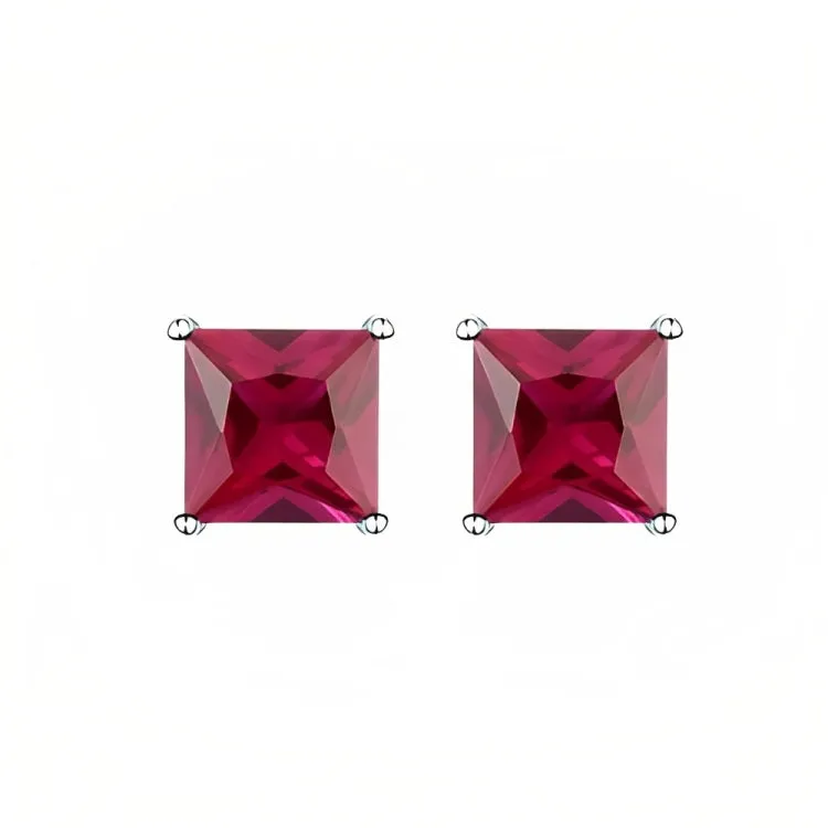 Paris Jewelry 18k White Gold 2 Pair Created Ruby 6mm Round Princess Cut Stud Earrings Plated