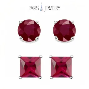 Paris Jewelry 18k White Gold 2 Pair Created Ruby 6mm Round Princess Cut Stud Earrings Plated