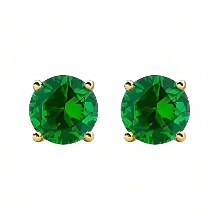 Paris Jewelry 18k Yellow Gold 2 Pair Created Emerald 6mm Round & Princess Cut Stud Earrings Plated