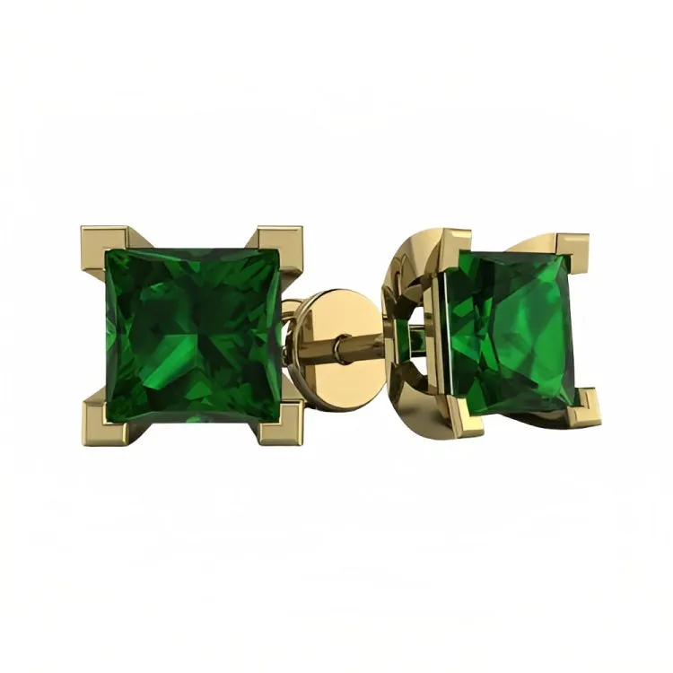 Paris Jewelry 18k Yellow Gold 2 Pair Created Emerald 6mm Round & Princess Cut Stud Earrings Plated