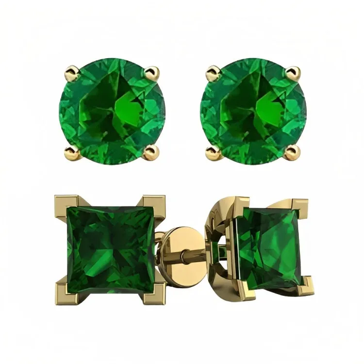 Paris Jewelry 18k Yellow Gold 2 Pair Created Emerald 6mm Round & Princess Cut Stud Earrings Plated