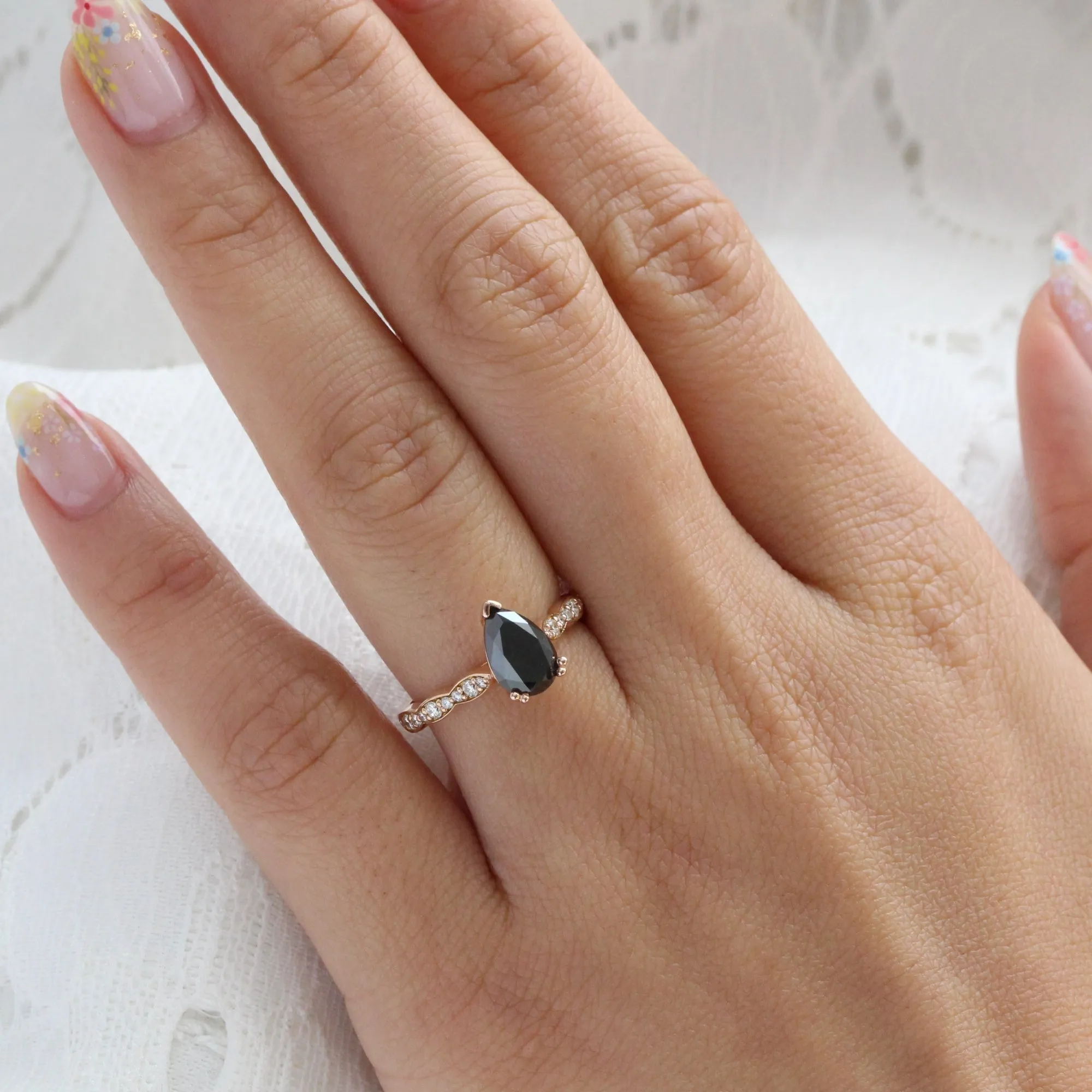 Pear Black Diamond Engagement Ring in Grace Solitaire Scalloped Band