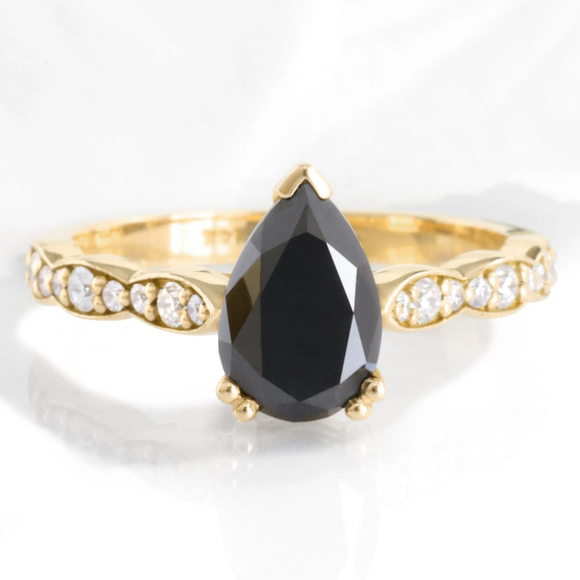 Pear Black Diamond Engagement Ring in Grace Solitaire Scalloped Band