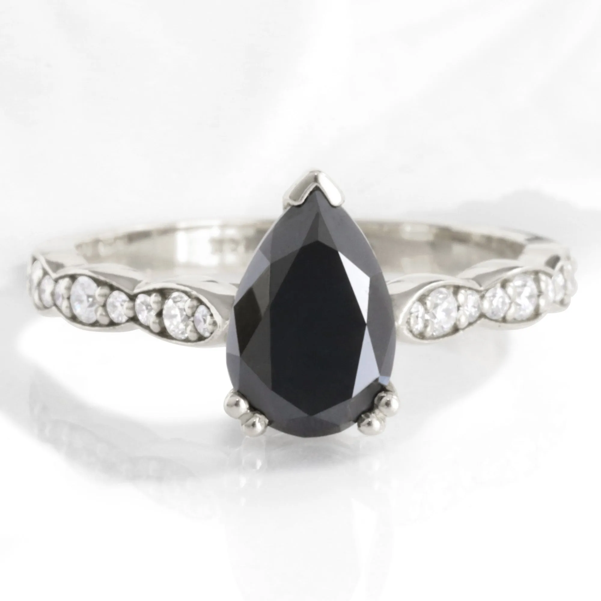 Pear Black Diamond Engagement Ring in Grace Solitaire Scalloped Band