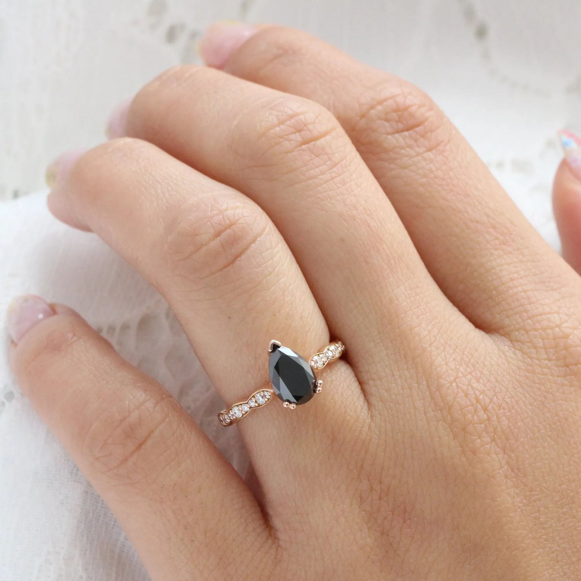 Pear Black Diamond Engagement Ring in Grace Solitaire Scalloped Band