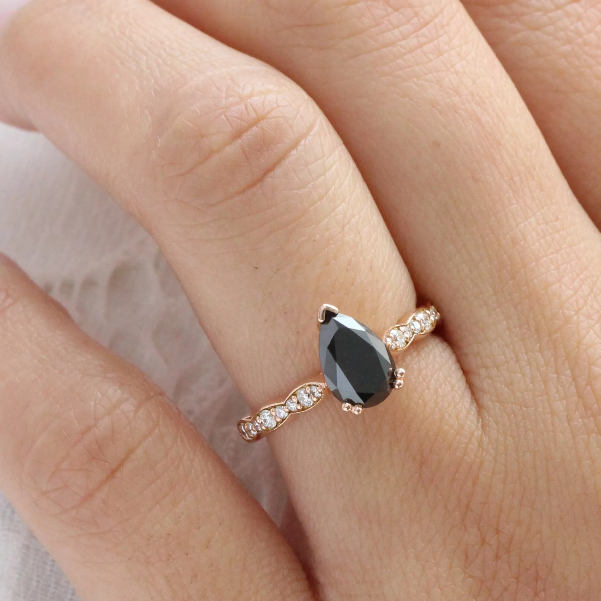 Pear Black Diamond Engagement Ring in Grace Solitaire Scalloped Band