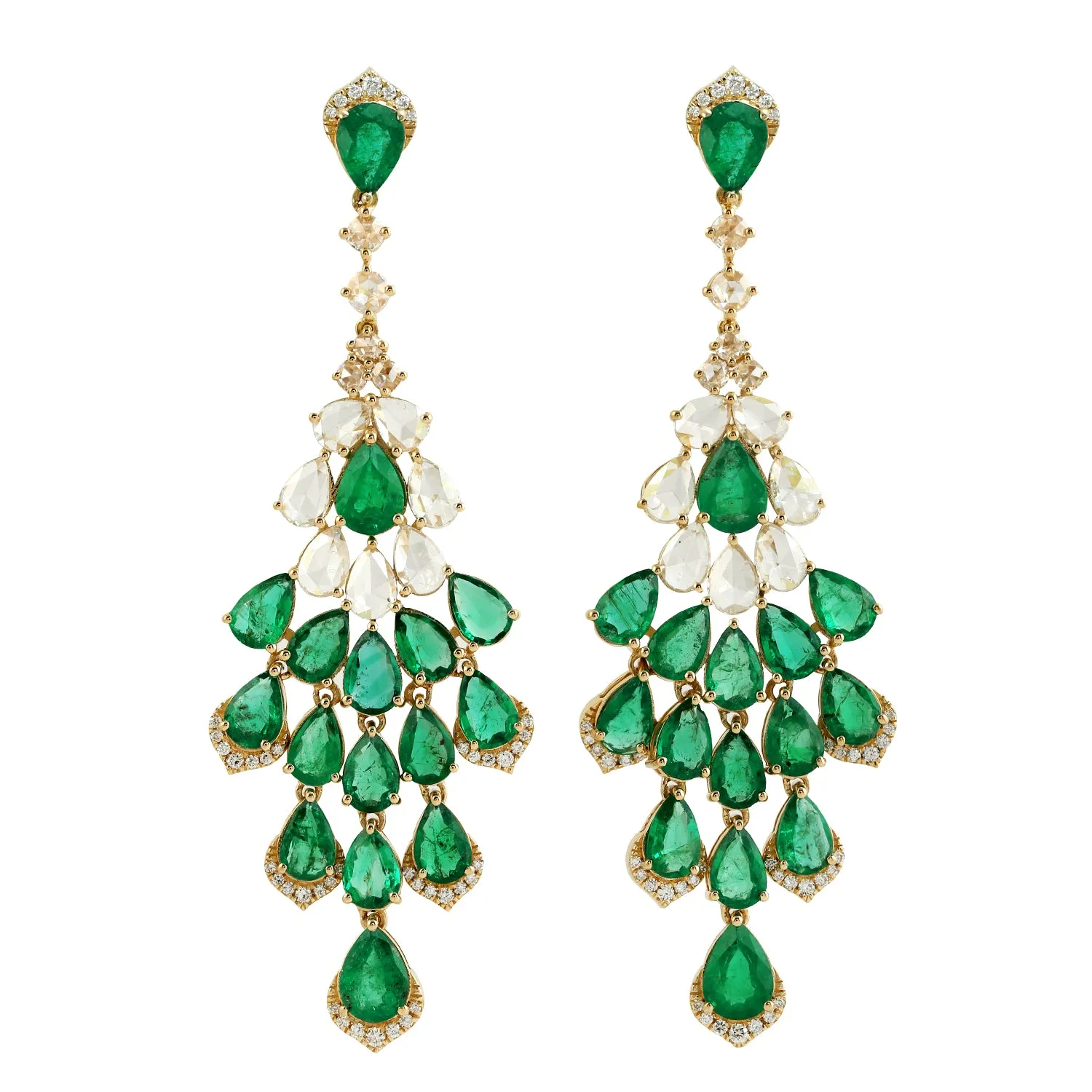 Pear Cut Emerald Prong Uncut Diamond Beautiful Wedding Danglers In Yellow Gold