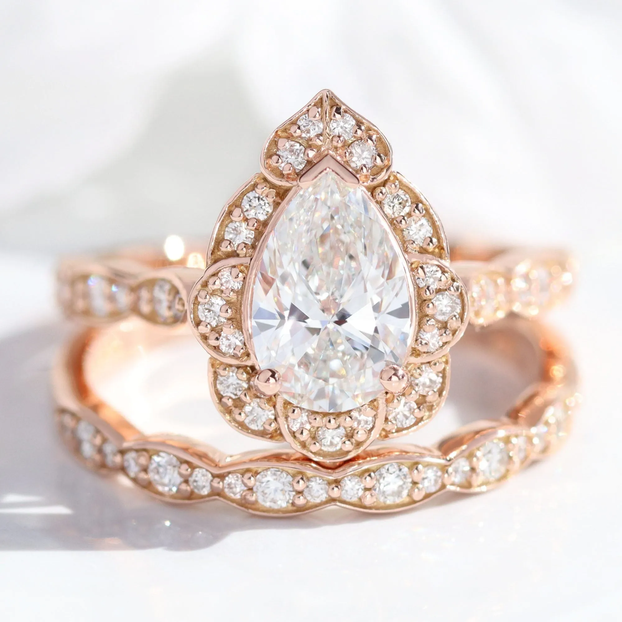 Pear Diamond Vintage Floral Ring Set w/ Lab Diamond and Matching Wedding Band