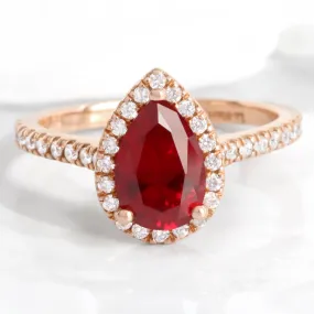 Pear Ruby Engagement Ring in Luna Halo Diamond Pave Band