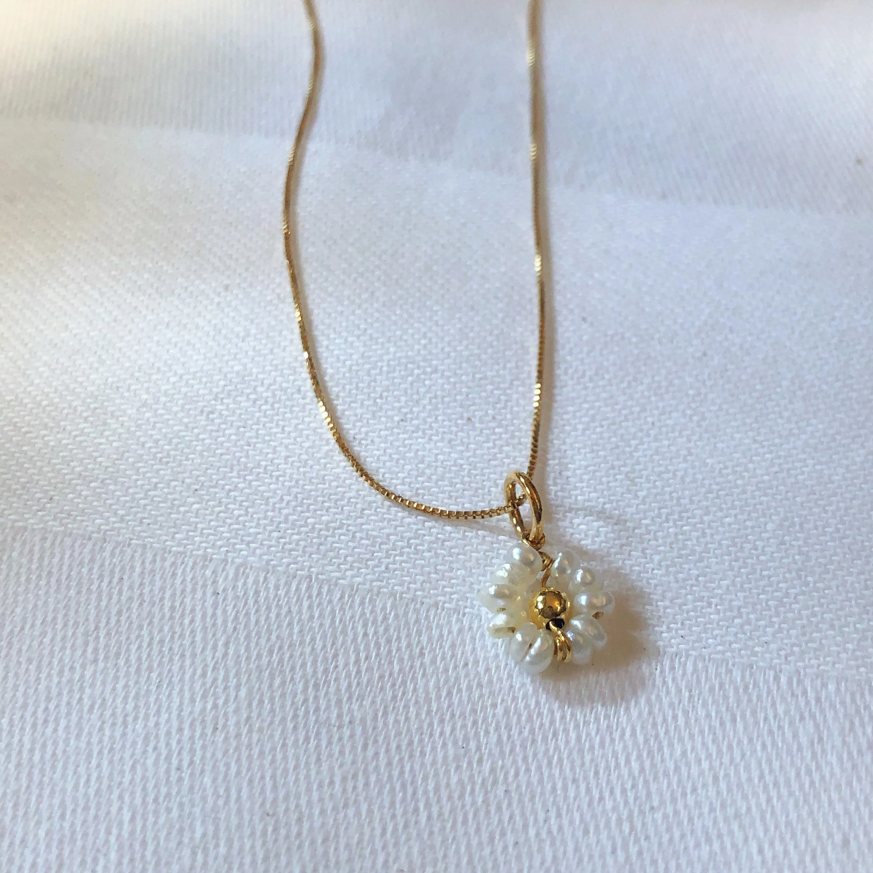 Pearl and Gold Flower Pendant Necklace, Solid Gold