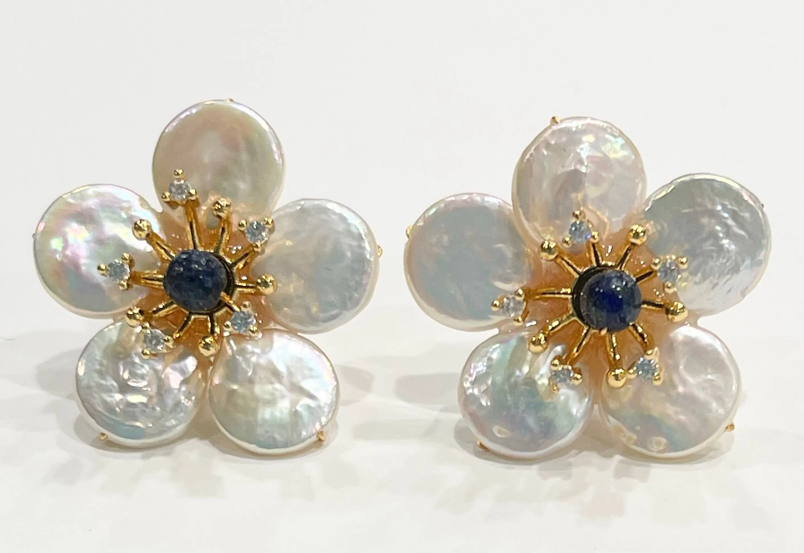 Pearl Petals & Lapis Lazuli Flower Statement Earrings 1"