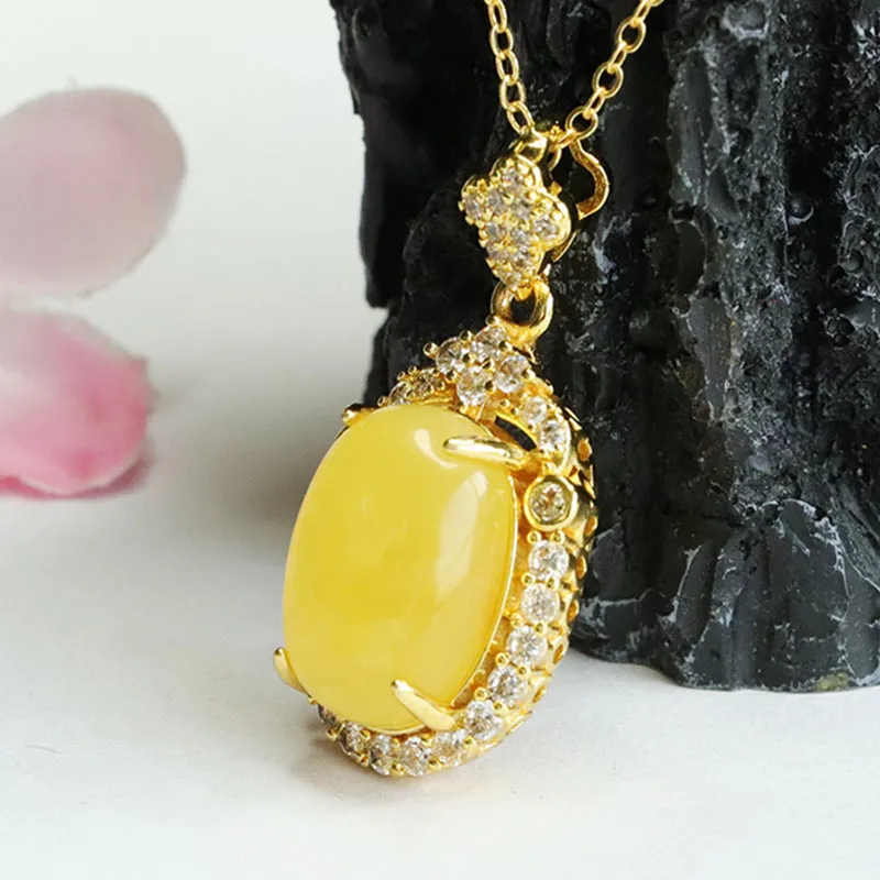 Pendant Necklace with Genuine Amber Beeswax and Zircon Gemstones