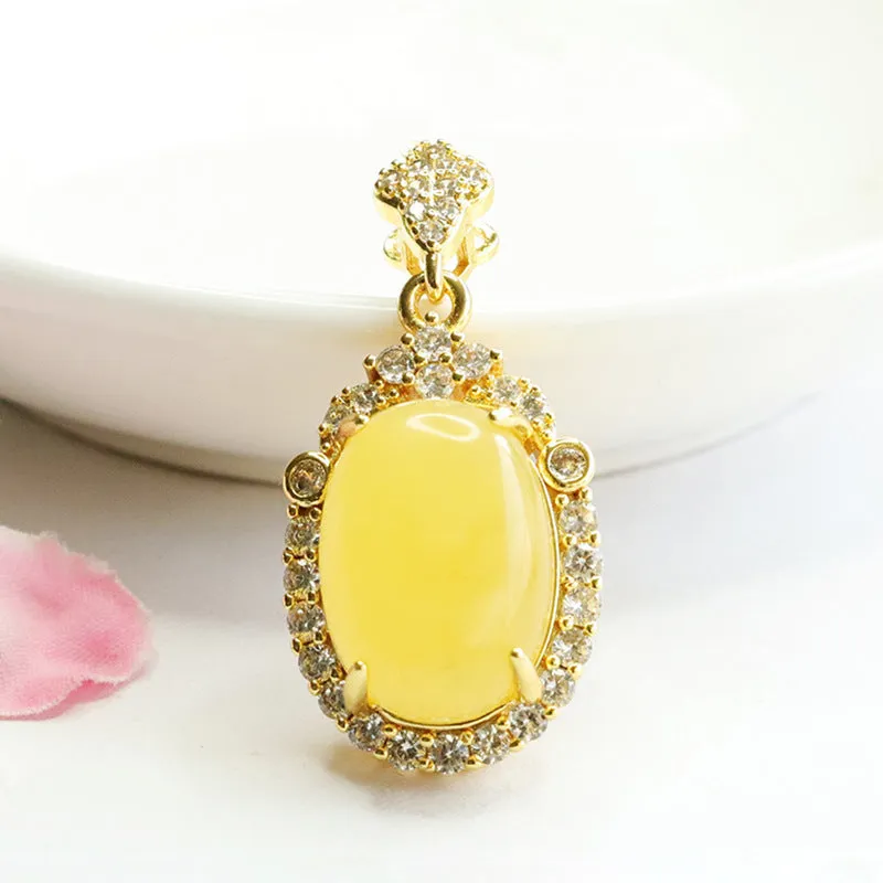 Pendant Necklace with Genuine Amber Beeswax and Zircon Gemstones