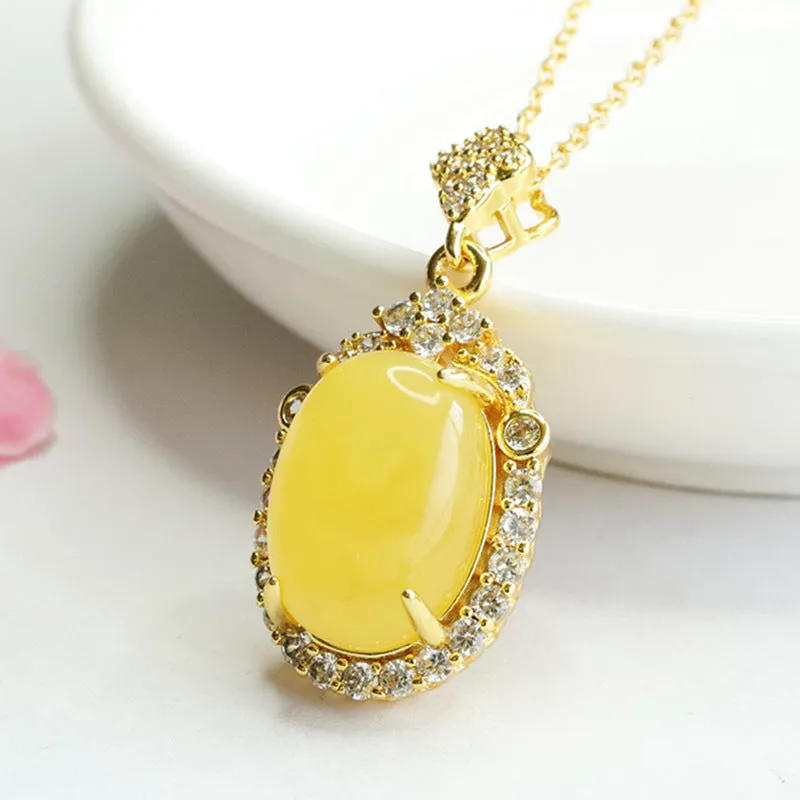 Pendant Necklace with Genuine Amber Beeswax and Zircon Gemstones